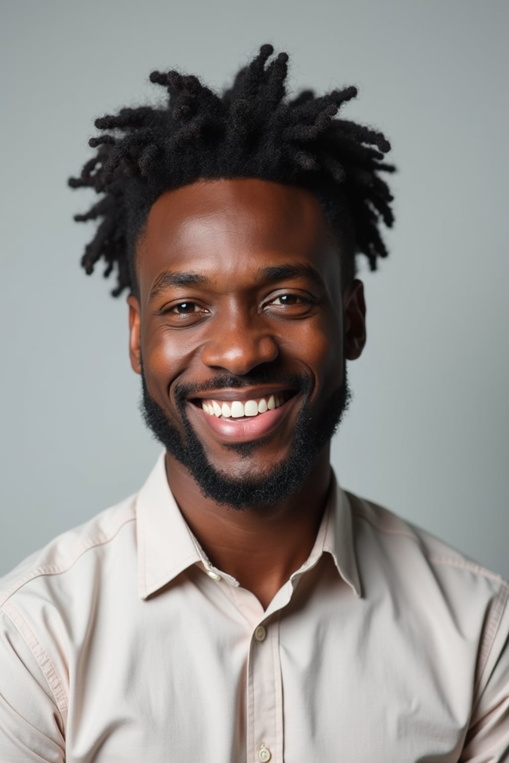 A professional therapist headshot of a compassionate man, taken in a well-lit studio with a plain backdrop. The man is dressed in  a neat, light-colored shirt with a friendly expression. The lighting is soft and even, highlighting their facial features with a warm and approachable expression. The focus is sharp, capturing the man's eyes and reassuring smile, creating a perfect headshot for therapy practices and professional profiles.