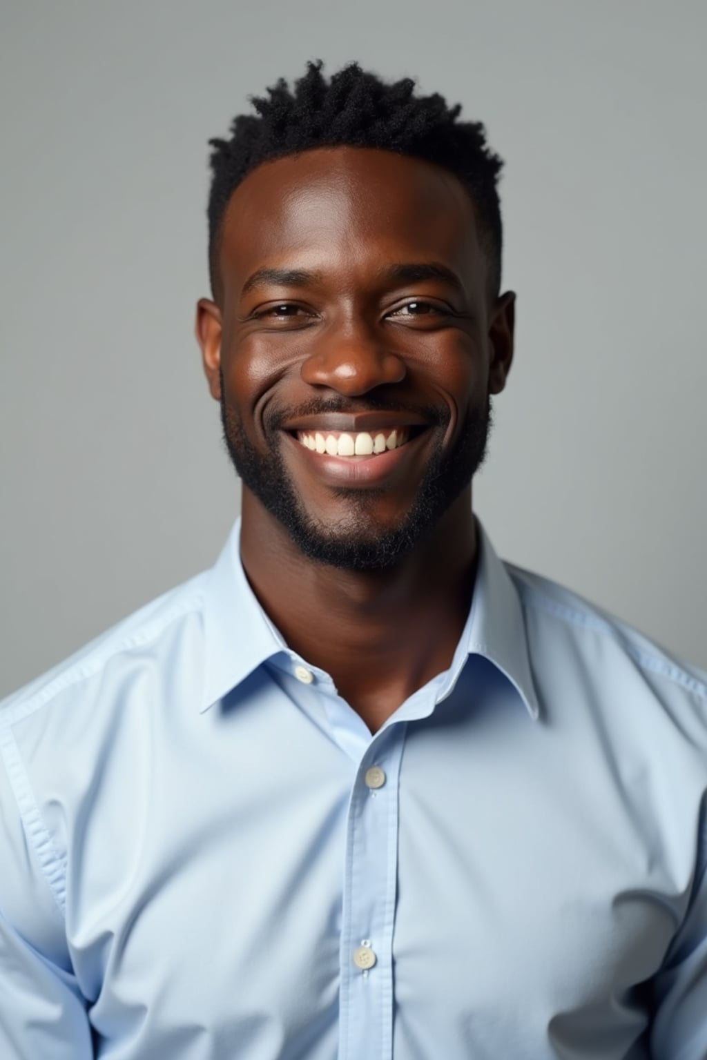 A professional therapist headshot of a compassionate man, taken in a well-lit studio with a plain backdrop. The man is dressed in  a neat, light-colored shirt with a friendly expression. The lighting is soft and even, highlighting their facial features with a warm and approachable expression. The focus is sharp, capturing the man's eyes and reassuring smile, creating a perfect headshot for therapy practices and professional profiles.