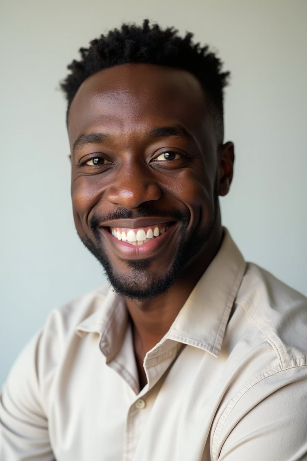 A professional therapist headshot of a compassionate man, taken in a well-lit studio with a plain backdrop. The man is dressed in  a neat, light-colored shirt with a friendly expression. The lighting is soft and even, highlighting their facial features with a warm and approachable expression. The focus is sharp, capturing the man's eyes and reassuring smile, creating a perfect headshot for therapy practices and professional profiles.