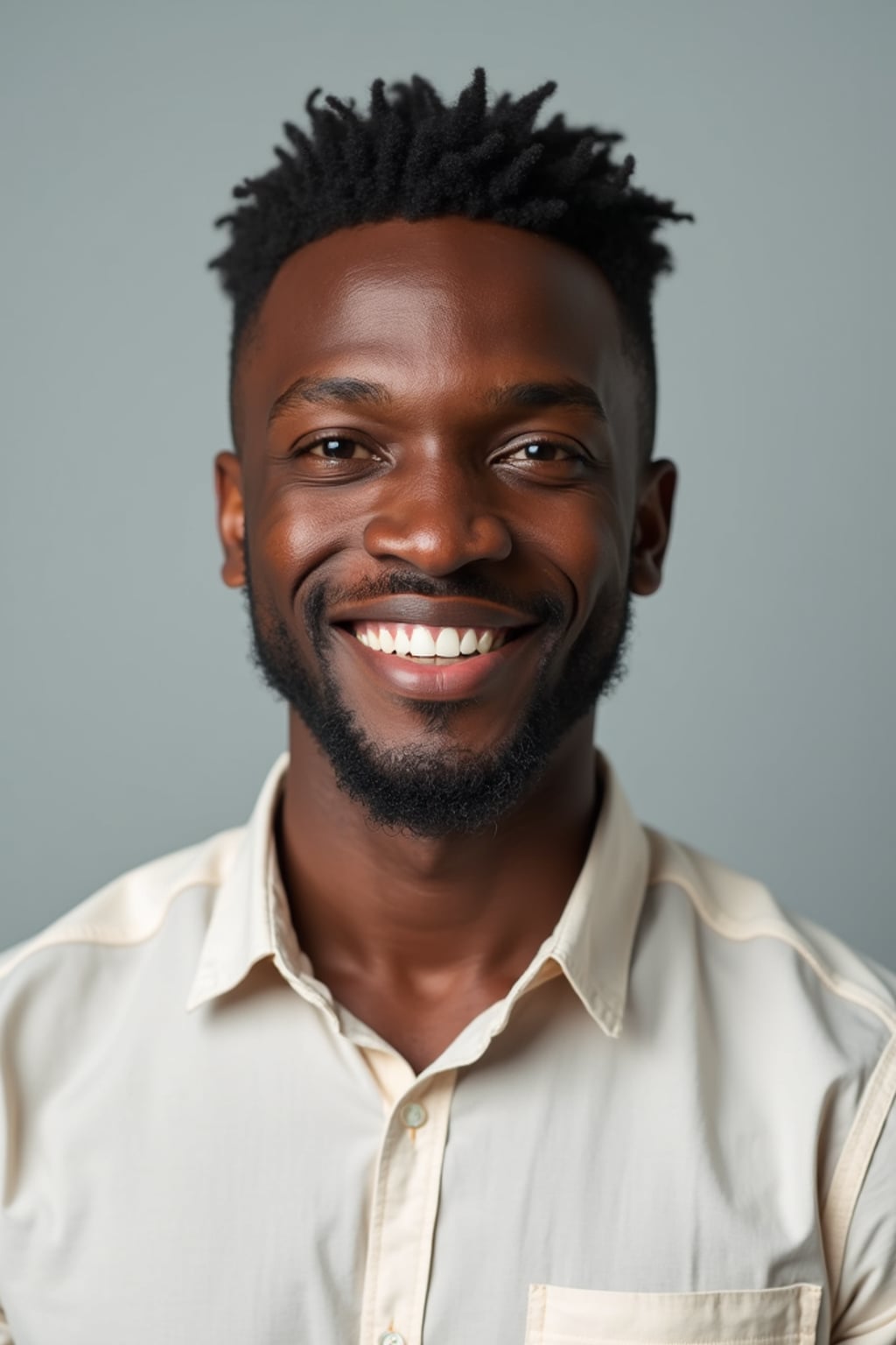 A professional therapist headshot of a compassionate man, taken in a well-lit studio with a plain backdrop. The man is dressed in  a neat, light-colored shirt with a friendly expression. The lighting is soft and even, highlighting their facial features with a warm and approachable expression. The focus is sharp, capturing the man's eyes and reassuring smile, creating a perfect headshot for therapy practices and professional profiles.
