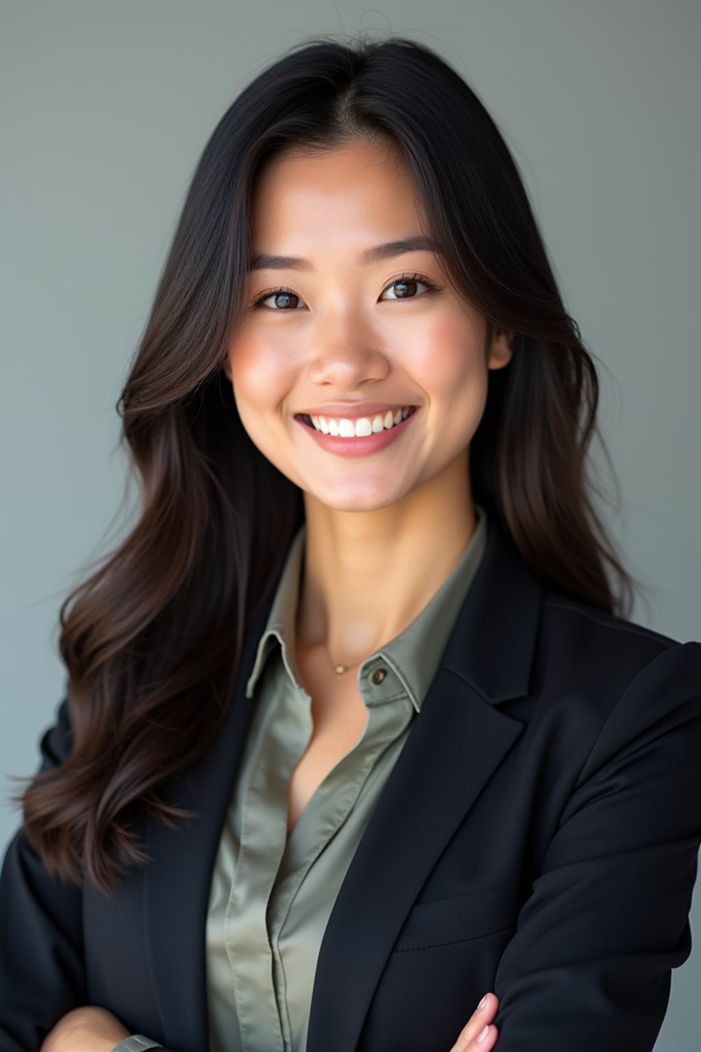 A professional lawyer headshot of a confident woman, taken in a well-lit studio with a plain backdrop. The woman is dressed in a tailored blazer with a crisp blouse and a confident smile . The lighting is soft and even, highlighting their facial features with a professional and authoritative expression. The focus is sharp, capturing the woman's eyes and engaging smile, creating a perfect headshot for law firm profiles and professional branding.