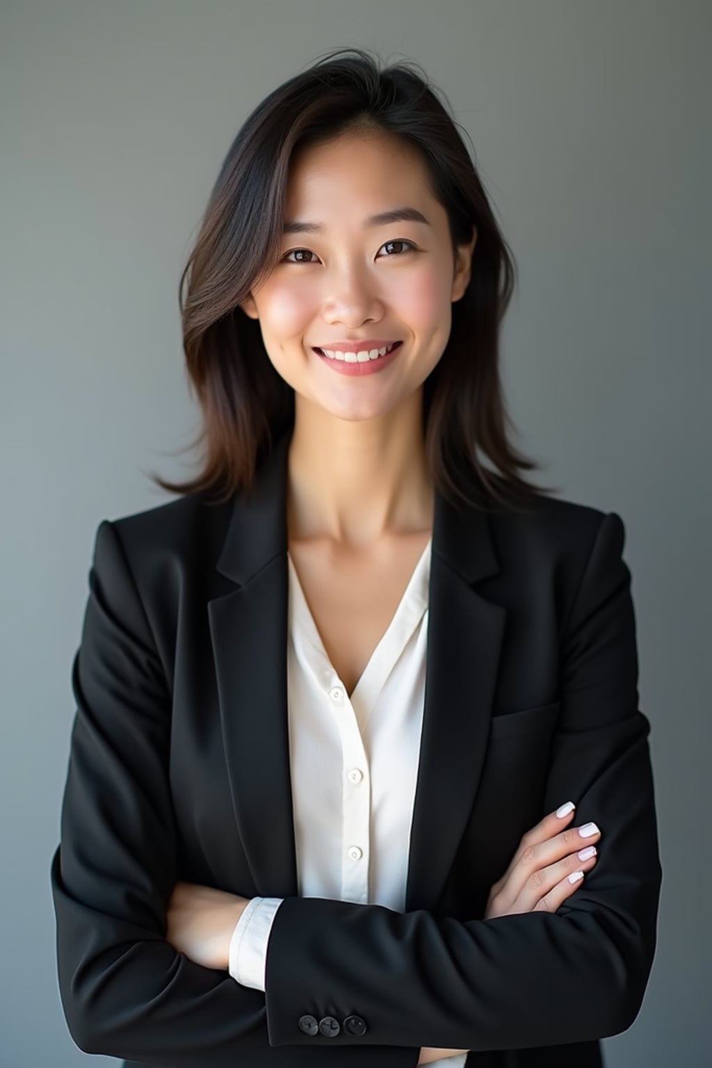 A professional lawyer headshot of a confident woman, taken in a well-lit studio with a plain backdrop. The woman is dressed in a tailored blazer with a crisp blouse and a confident smile . The lighting is soft and even, highlighting their facial features with a professional and authoritative expression. The focus is sharp, capturing the woman's eyes and engaging smile, creating a perfect headshot for law firm profiles and professional branding.