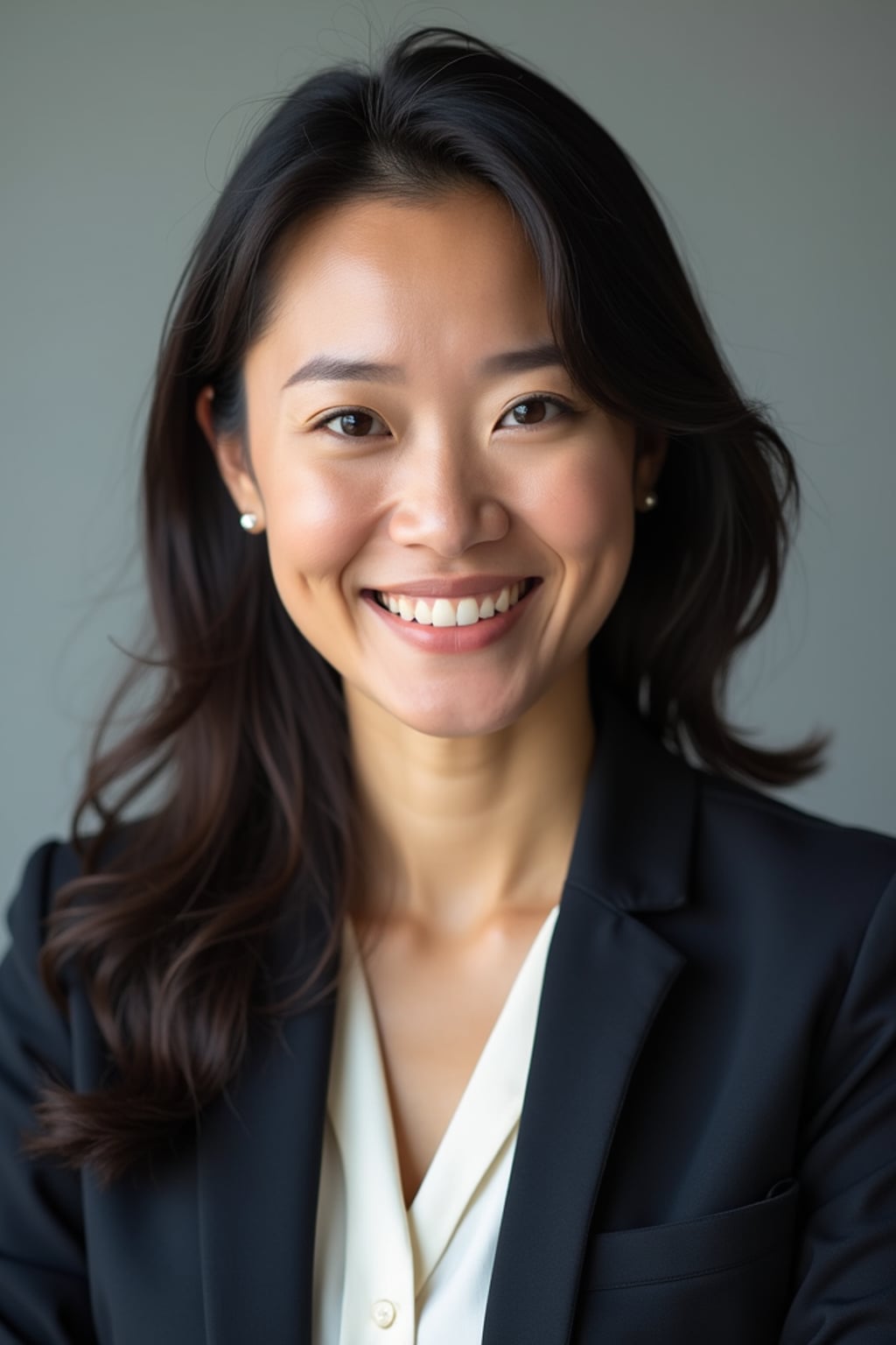A professional lawyer headshot of a confident woman, taken in a well-lit studio with a plain backdrop. The woman is dressed in a tailored blazer with a crisp blouse and a confident smile . The lighting is soft and even, highlighting their facial features with a professional and authoritative expression. The focus is sharp, capturing the woman's eyes and engaging smile, creating a perfect headshot for law firm profiles and professional branding.