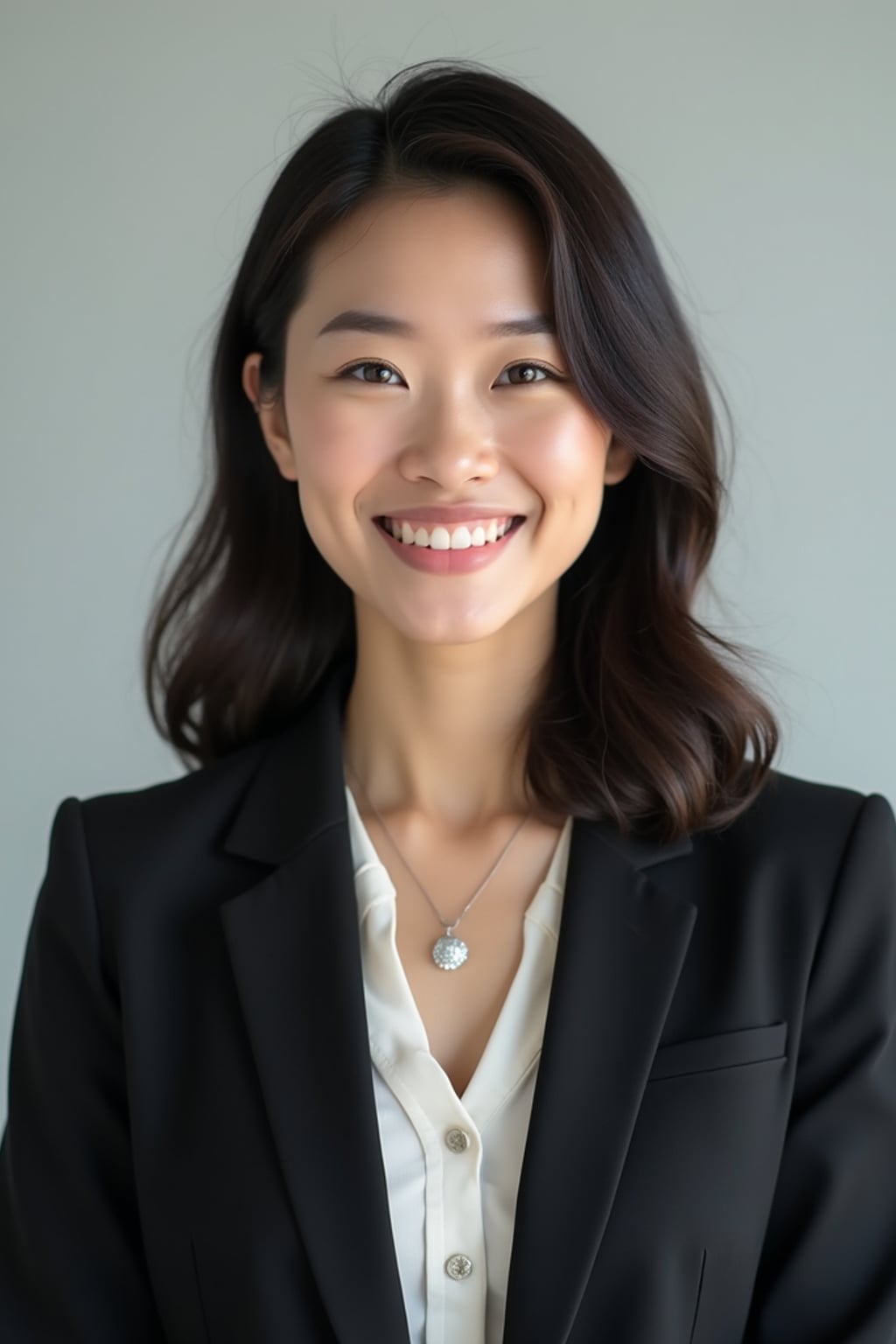 A professional lawyer headshot of a confident woman, taken in a well-lit studio with a plain backdrop. The woman is dressed in a tailored blazer with a crisp blouse and a confident smile . The lighting is soft and even, highlighting their facial features with a professional and authoritative expression. The focus is sharp, capturing the woman's eyes and engaging smile, creating a perfect headshot for law firm profiles and professional branding.