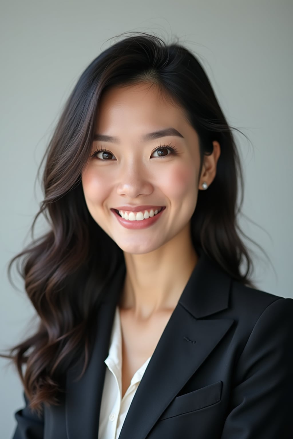 A professional lawyer headshot of a confident woman, taken in a well-lit studio with a plain backdrop. The woman is dressed in a tailored blazer with a crisp blouse and a confident smile . The lighting is soft and even, highlighting their facial features with a professional and authoritative expression. The focus is sharp, capturing the woman's eyes and engaging smile, creating a perfect headshot for law firm profiles and professional branding.