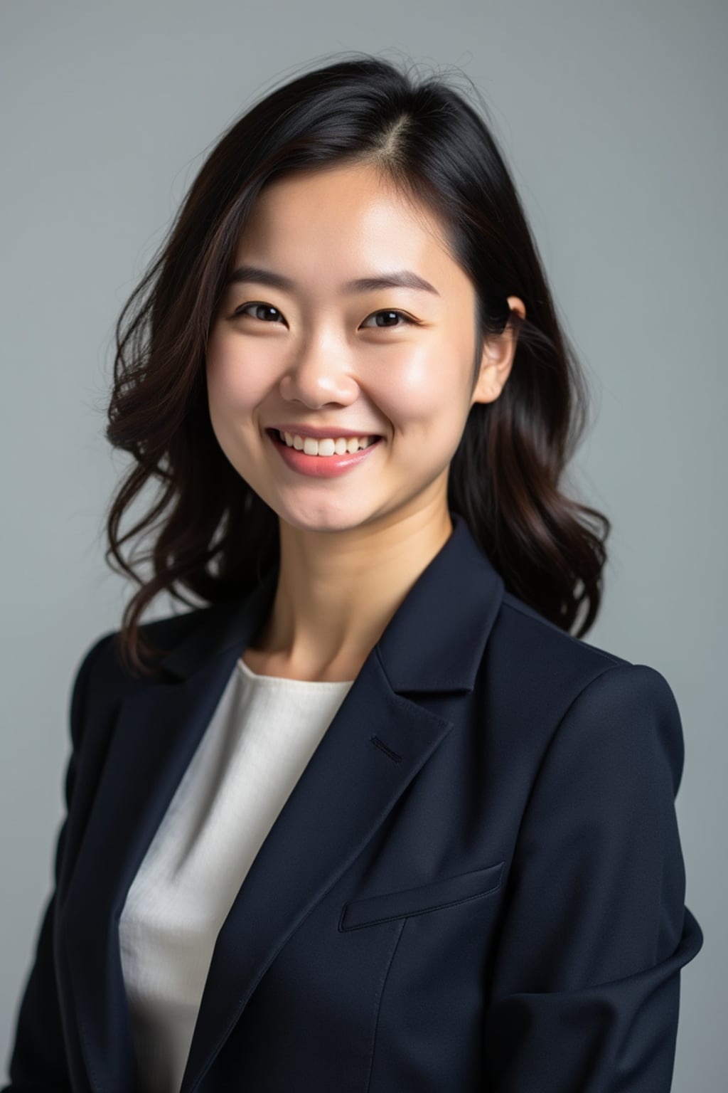 A professional lawyer headshot of a confident woman, taken in a well-lit studio with a plain backdrop. The woman is dressed in a tailored blazer with a crisp blouse and a confident smile . The lighting is soft and even, highlighting their facial features with a professional and authoritative expression. The focus is sharp, capturing the woman's eyes and engaging smile, creating a perfect headshot for law firm profiles and professional branding.