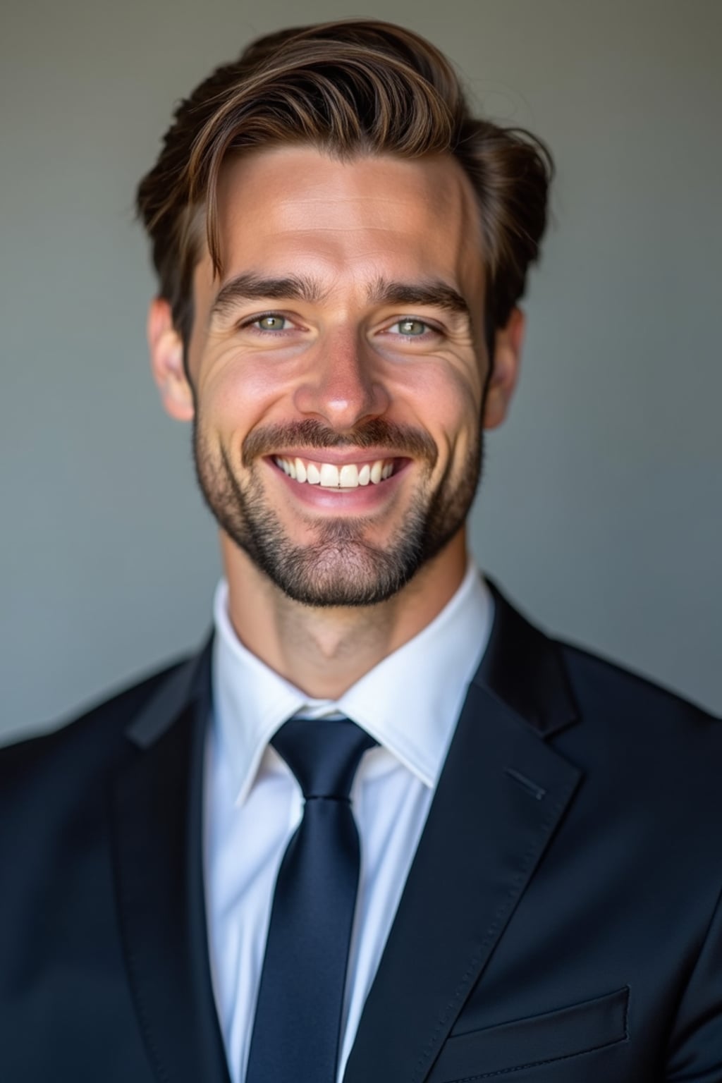 A professional lawyer headshot of a confident man, taken in a well-lit studio with a plain backdrop. The man is dressed in  a sharp suit with a neat tie and a confident expression. The lighting is soft and even, highlighting their facial features with a professional and authoritative expression. The focus is sharp, capturing the man's eyes and engaging smile, creating a perfect headshot for law firm profiles and professional branding.