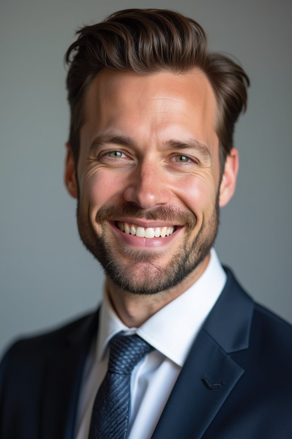 A professional lawyer headshot of a confident man, taken in a well-lit studio with a plain backdrop. The man is dressed in  a sharp suit with a neat tie and a confident expression. The lighting is soft and even, highlighting their facial features with a professional and authoritative expression. The focus is sharp, capturing the man's eyes and engaging smile, creating a perfect headshot for law firm profiles and professional branding.