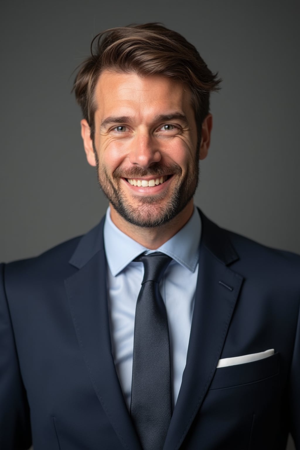 A professional lawyer headshot of a confident man, taken in a well-lit studio with a plain backdrop. The man is dressed in  a sharp suit with a neat tie and a confident expression. The lighting is soft and even, highlighting their facial features with a professional and authoritative expression. The focus is sharp, capturing the man's eyes and engaging smile, creating a perfect headshot for law firm profiles and professional branding.