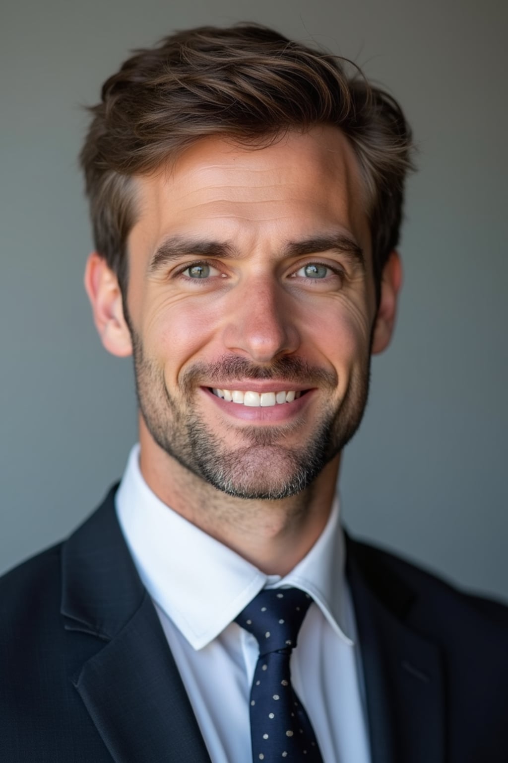A professional lawyer headshot of a confident man, taken in a well-lit studio with a plain backdrop. The man is dressed in  a sharp suit with a neat tie and a confident expression. The lighting is soft and even, highlighting their facial features with a professional and authoritative expression. The focus is sharp, capturing the man's eyes and engaging smile, creating a perfect headshot for law firm profiles and professional branding.