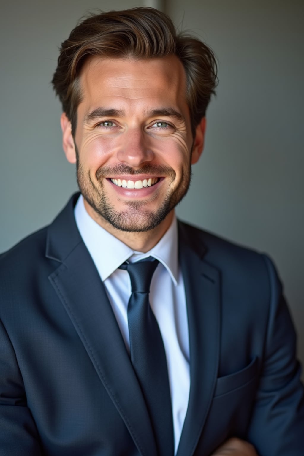 A professional lawyer headshot of a confident man, taken in a well-lit studio with a plain backdrop. The man is dressed in  a sharp suit with a neat tie and a confident expression. The lighting is soft and even, highlighting their facial features with a professional and authoritative expression. The focus is sharp, capturing the man's eyes and engaging smile, creating a perfect headshot for law firm profiles and professional branding.