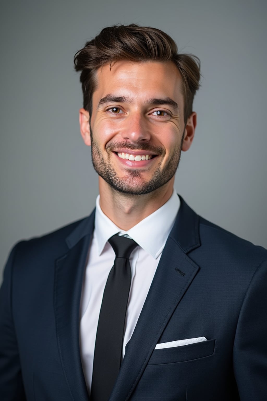 A professional lawyer headshot of a confident man, taken in a well-lit studio with a plain backdrop. The man is dressed in  a sharp suit with a neat tie and a confident expression. The lighting is soft and even, highlighting their facial features with a professional and authoritative expression. The focus is sharp, capturing the man's eyes and engaging smile, creating a perfect headshot for law firm profiles and professional branding.