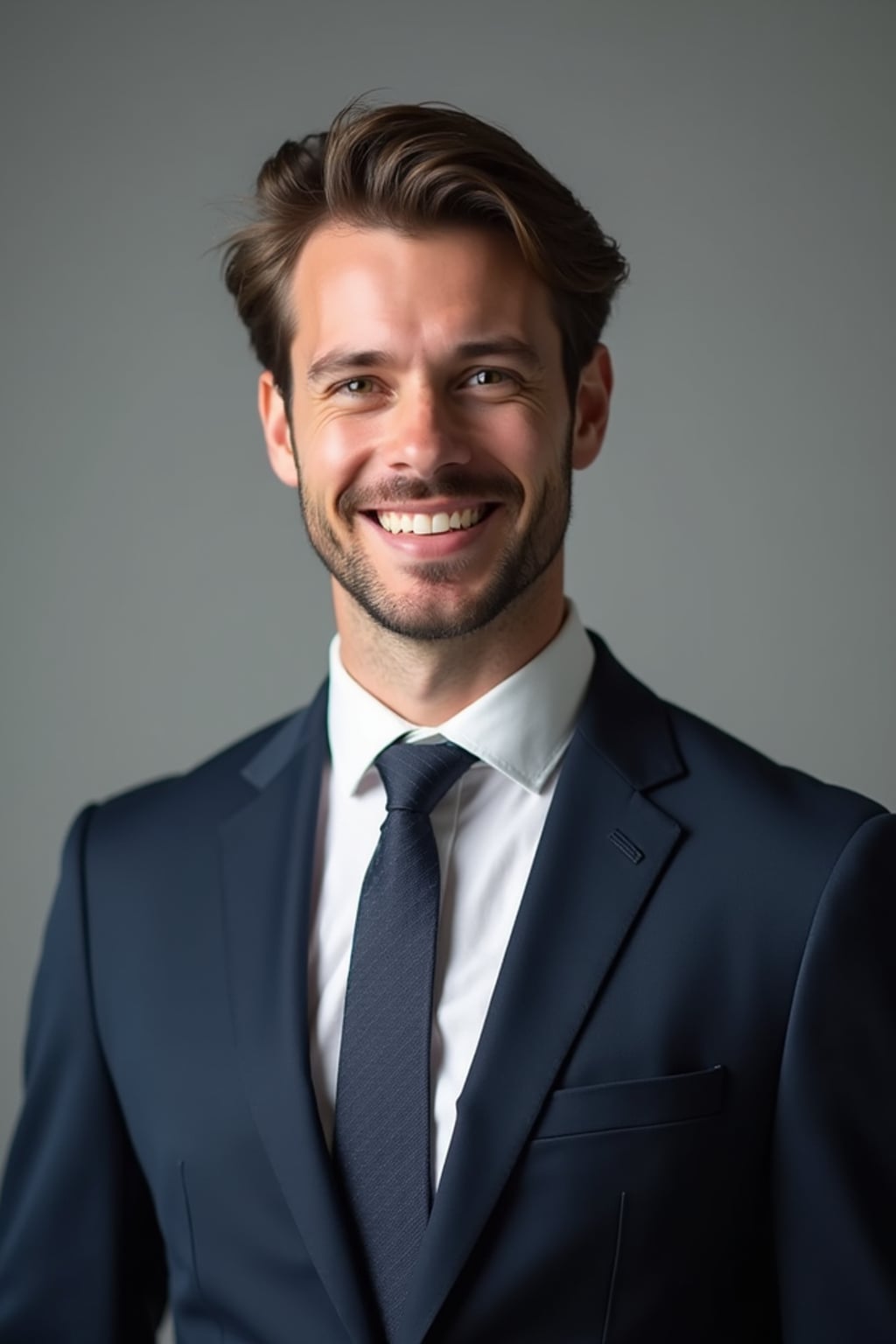 A professional lawyer headshot of a confident man, taken in a well-lit studio with a plain backdrop. The man is dressed in  a sharp suit with a neat tie and a confident expression. The lighting is soft and even, highlighting their facial features with a professional and authoritative expression. The focus is sharp, capturing the man's eyes and engaging smile, creating a perfect headshot for law firm profiles and professional branding.