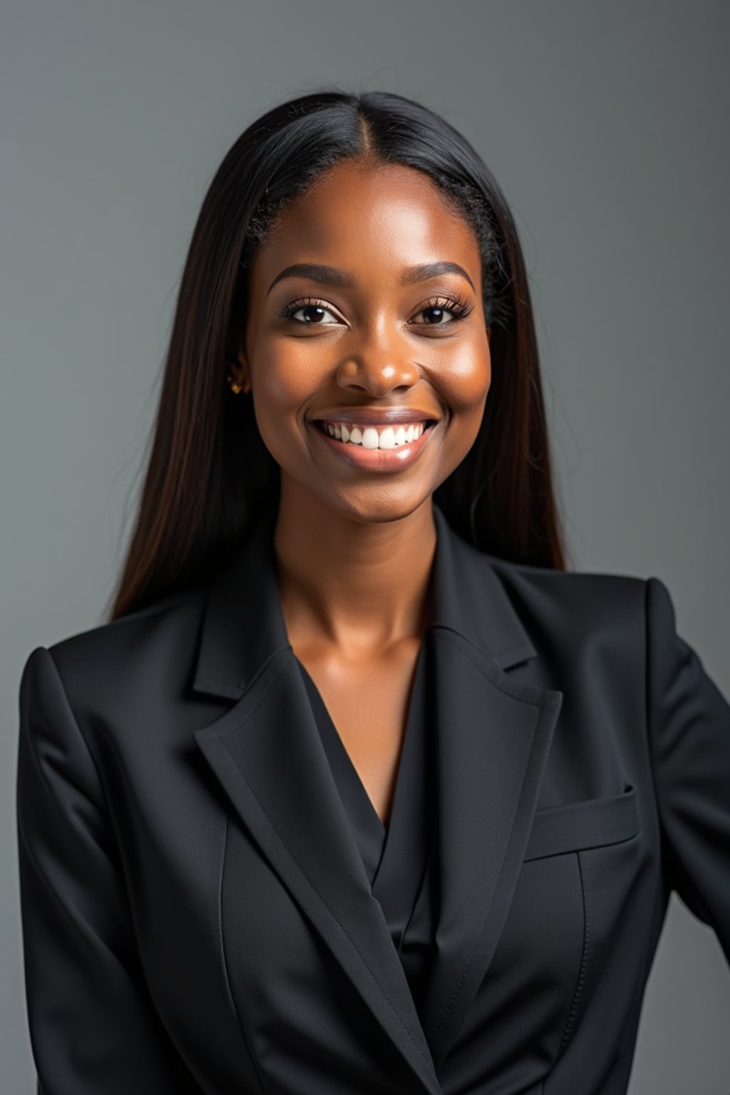 A professional lawyer headshot of a confident woman, taken in a well-lit studio with a plain backdrop. The woman is dressed in a tailored blazer with a crisp blouse and a confident smile . The lighting is soft and even, highlighting their facial features with a professional and authoritative expression. The focus is sharp, capturing the woman's eyes and engaging smile, creating a perfect headshot for law firm profiles and professional branding.