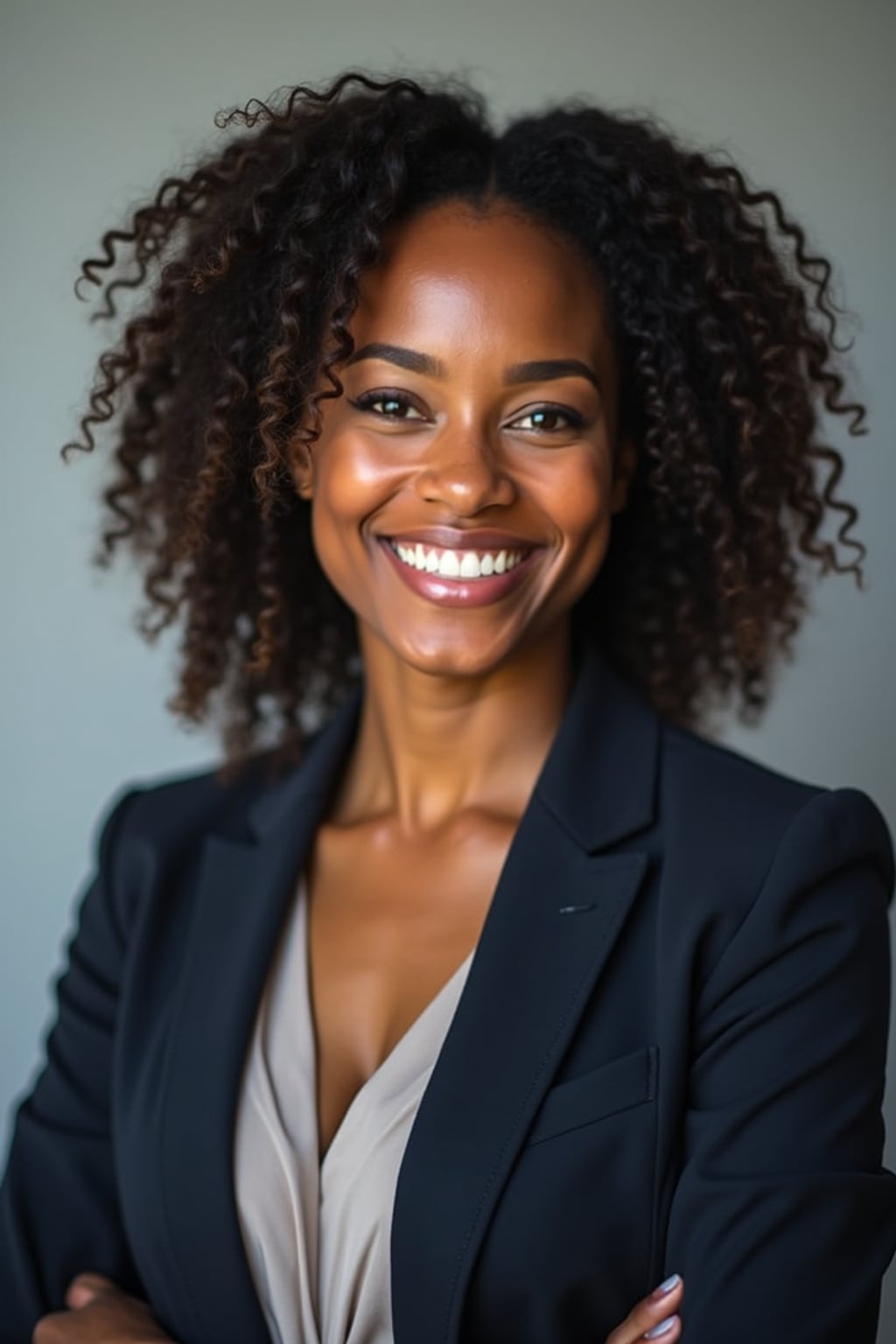 A professional lawyer headshot of a confident woman, taken in a well-lit studio with a plain backdrop. The woman is dressed in a tailored blazer with a crisp blouse and a confident smile . The lighting is soft and even, highlighting their facial features with a professional and authoritative expression. The focus is sharp, capturing the woman's eyes and engaging smile, creating a perfect headshot for law firm profiles and professional branding.