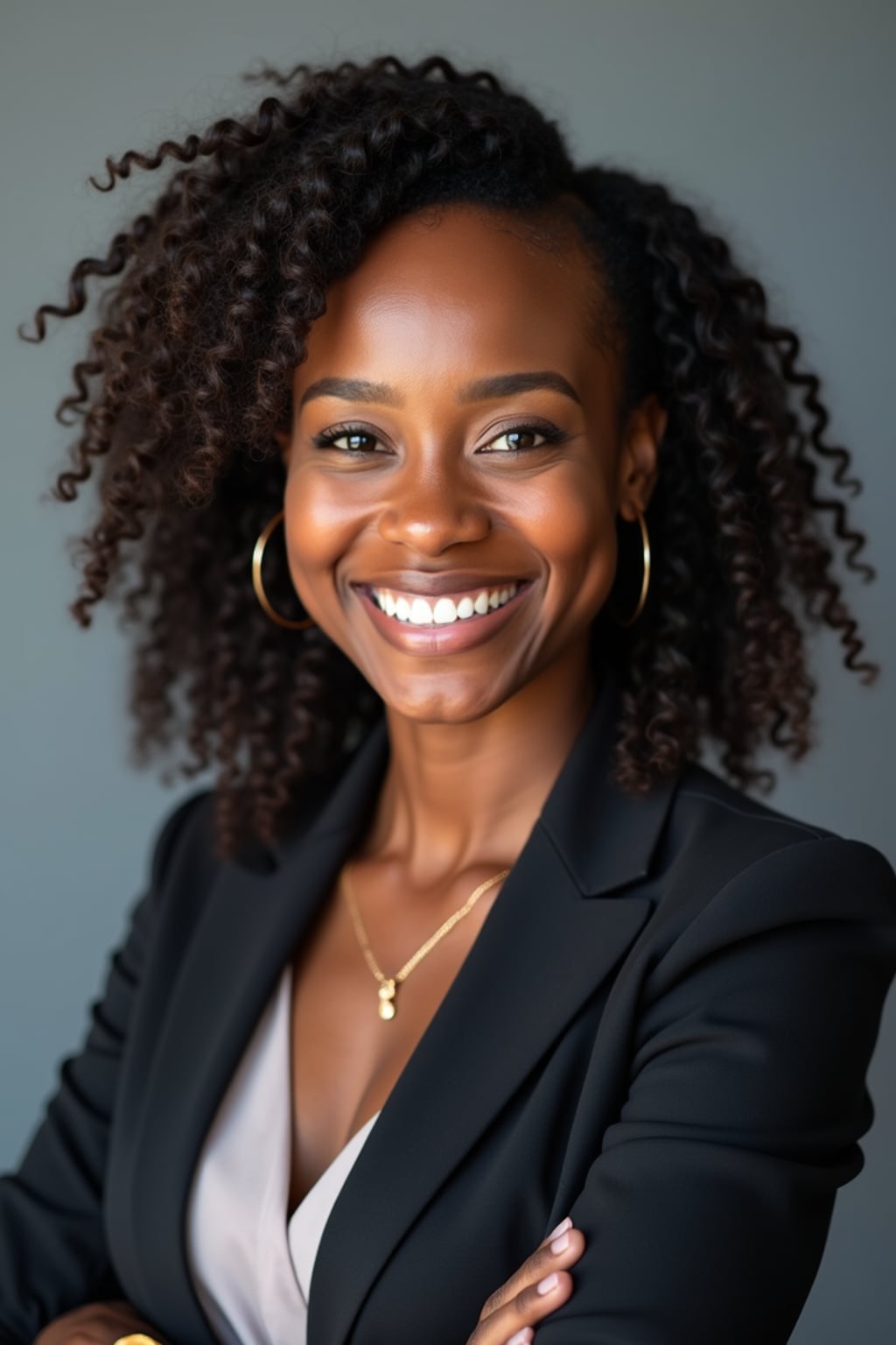 A professional lawyer headshot of a confident woman, taken in a well-lit studio with a plain backdrop. The woman is dressed in a tailored blazer with a crisp blouse and a confident smile . The lighting is soft and even, highlighting their facial features with a professional and authoritative expression. The focus is sharp, capturing the woman's eyes and engaging smile, creating a perfect headshot for law firm profiles and professional branding.