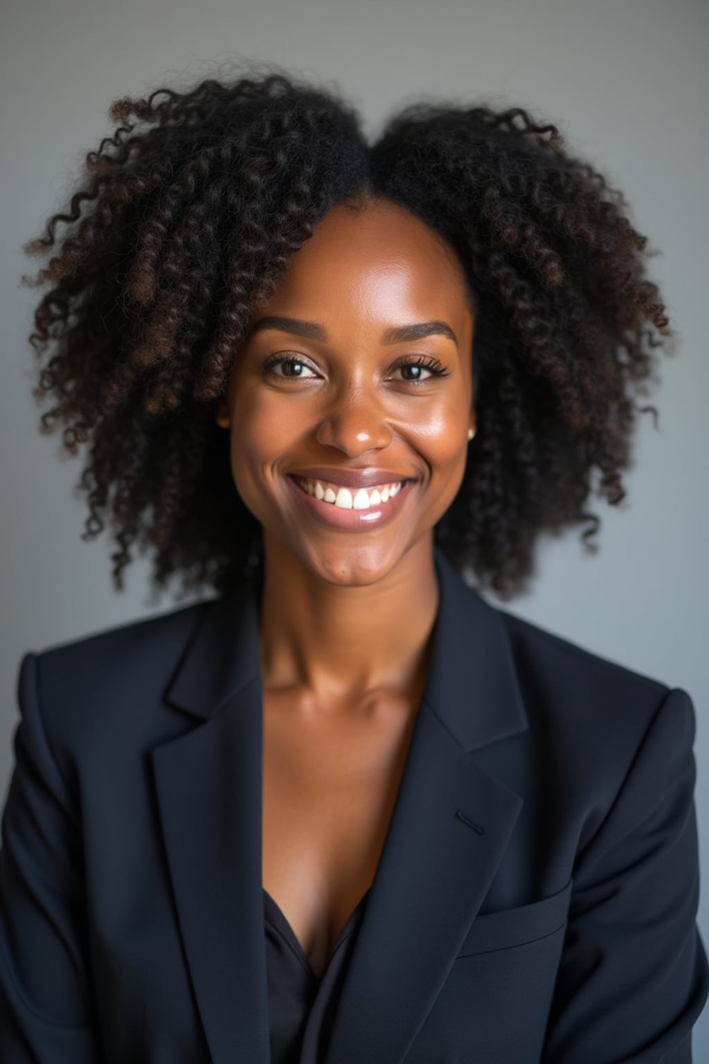 A professional lawyer headshot of a confident woman, taken in a well-lit studio with a plain backdrop. The woman is dressed in a tailored blazer with a crisp blouse and a confident smile . The lighting is soft and even, highlighting their facial features with a professional and authoritative expression. The focus is sharp, capturing the woman's eyes and engaging smile, creating a perfect headshot for law firm profiles and professional branding.