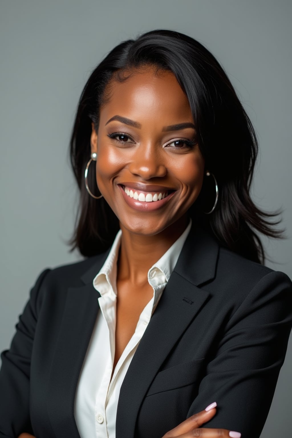 A professional lawyer headshot of a confident woman, taken in a well-lit studio with a plain backdrop. The woman is dressed in a tailored blazer with a crisp blouse and a confident smile . The lighting is soft and even, highlighting their facial features with a professional and authoritative expression. The focus is sharp, capturing the woman's eyes and engaging smile, creating a perfect headshot for law firm profiles and professional branding.