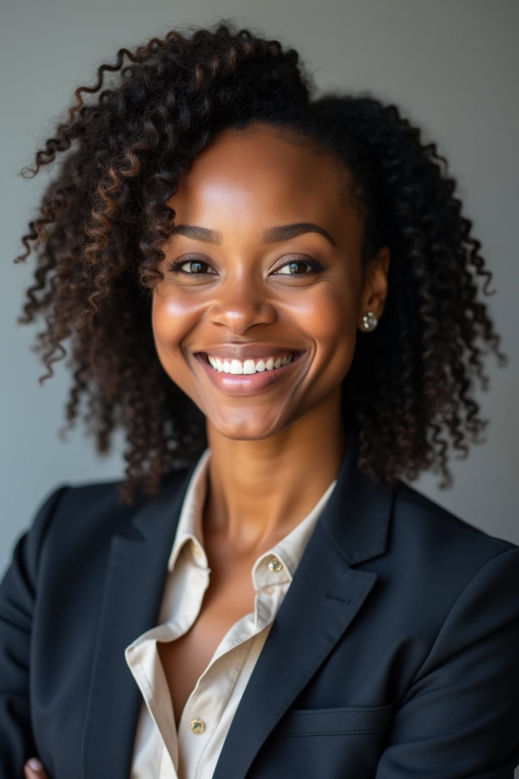 A professional lawyer headshot of a confident woman, taken in a well-lit studio with a plain backdrop. The woman is dressed in a tailored blazer with a crisp blouse and a confident smile . The lighting is soft and even, highlighting their facial features with a professional and authoritative expression. The focus is sharp, capturing the woman's eyes and engaging smile, creating a perfect headshot for law firm profiles and professional branding.