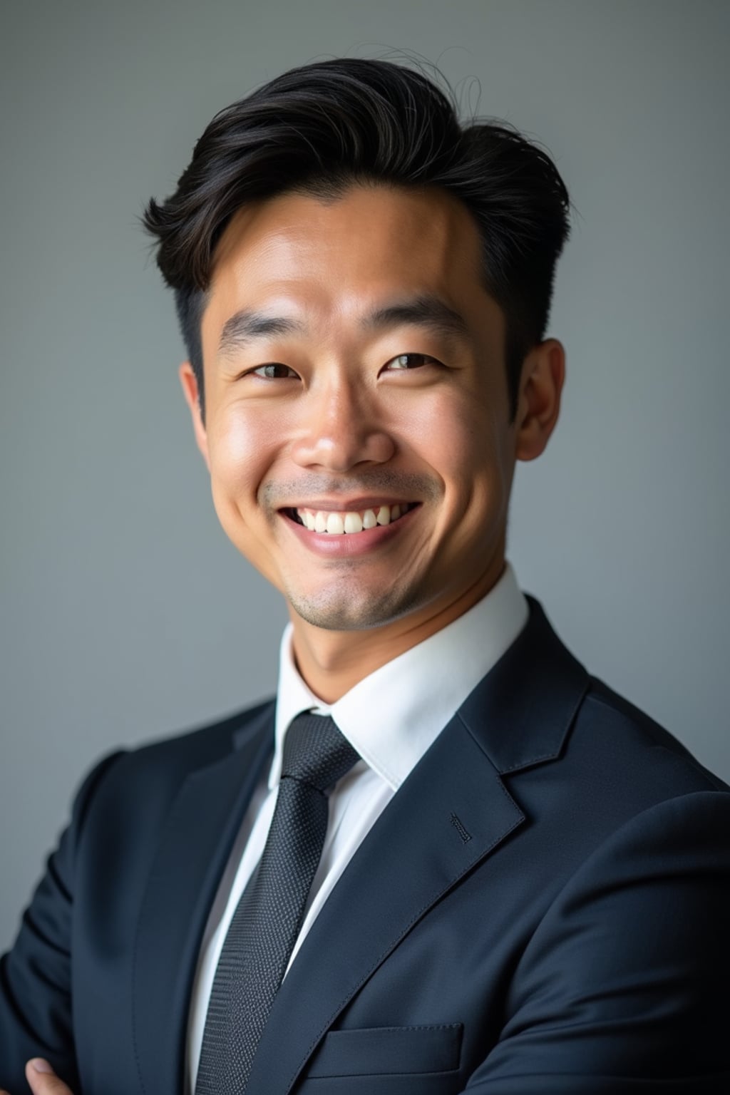 A professional lawyer headshot of a confident man, taken in a well-lit studio with a plain backdrop. The man is dressed in  a sharp suit with a neat tie and a confident expression. The lighting is soft and even, highlighting their facial features with a professional and authoritative expression. The focus is sharp, capturing the man's eyes and engaging smile, creating a perfect headshot for law firm profiles and professional branding.