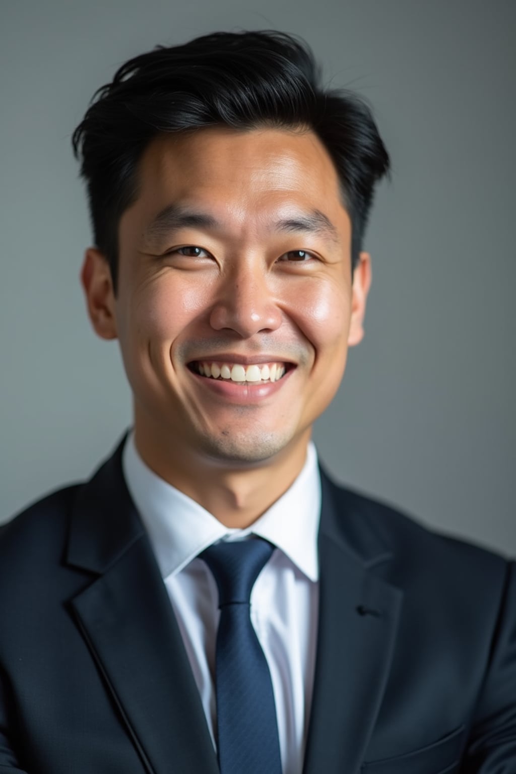 A professional lawyer headshot of a confident man, taken in a well-lit studio with a plain backdrop. The man is dressed in  a sharp suit with a neat tie and a confident expression. The lighting is soft and even, highlighting their facial features with a professional and authoritative expression. The focus is sharp, capturing the man's eyes and engaging smile, creating a perfect headshot for law firm profiles and professional branding.