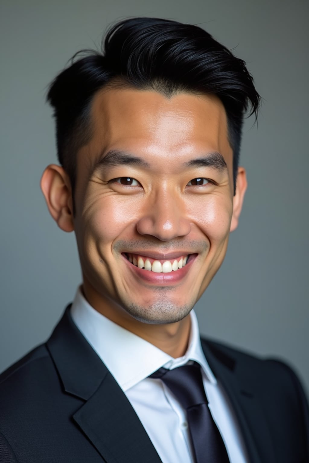 A professional lawyer headshot of a confident man, taken in a well-lit studio with a plain backdrop. The man is dressed in  a sharp suit with a neat tie and a confident expression. The lighting is soft and even, highlighting their facial features with a professional and authoritative expression. The focus is sharp, capturing the man's eyes and engaging smile, creating a perfect headshot for law firm profiles and professional branding.