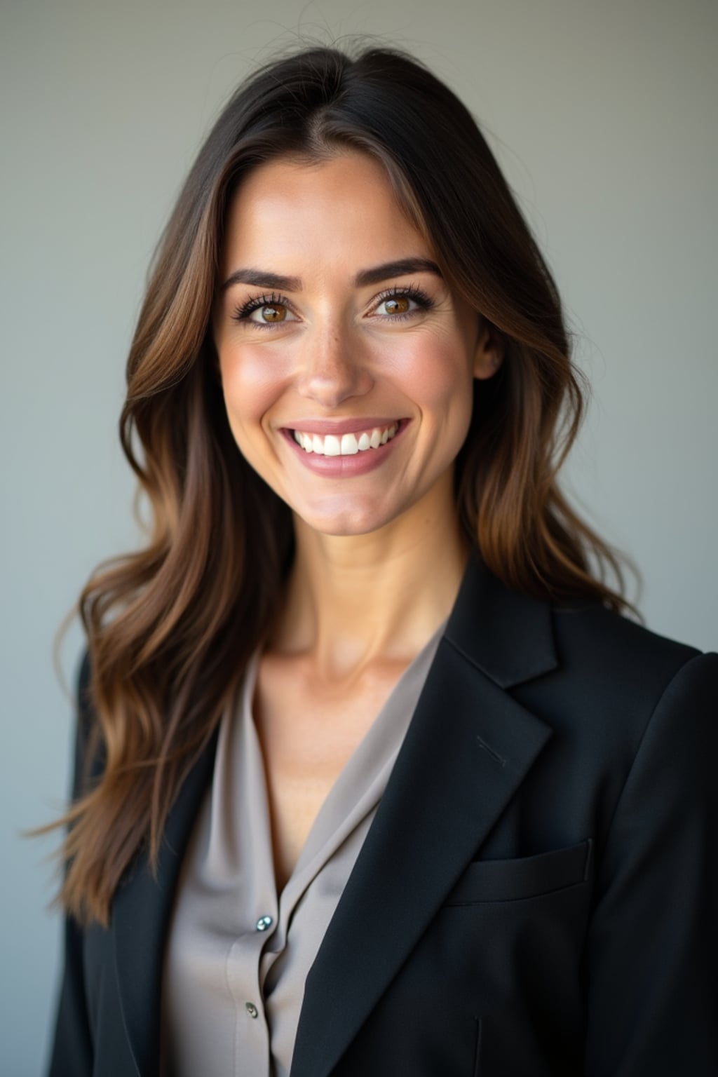 A professional lawyer headshot of a confident woman, taken in a well-lit studio with a plain backdrop. The woman is dressed in a tailored blazer with a crisp blouse and a confident smile . The lighting is soft and even, highlighting their facial features with a professional and authoritative expression. The focus is sharp, capturing the woman's eyes and engaging smile, creating a perfect headshot for law firm profiles and professional branding.