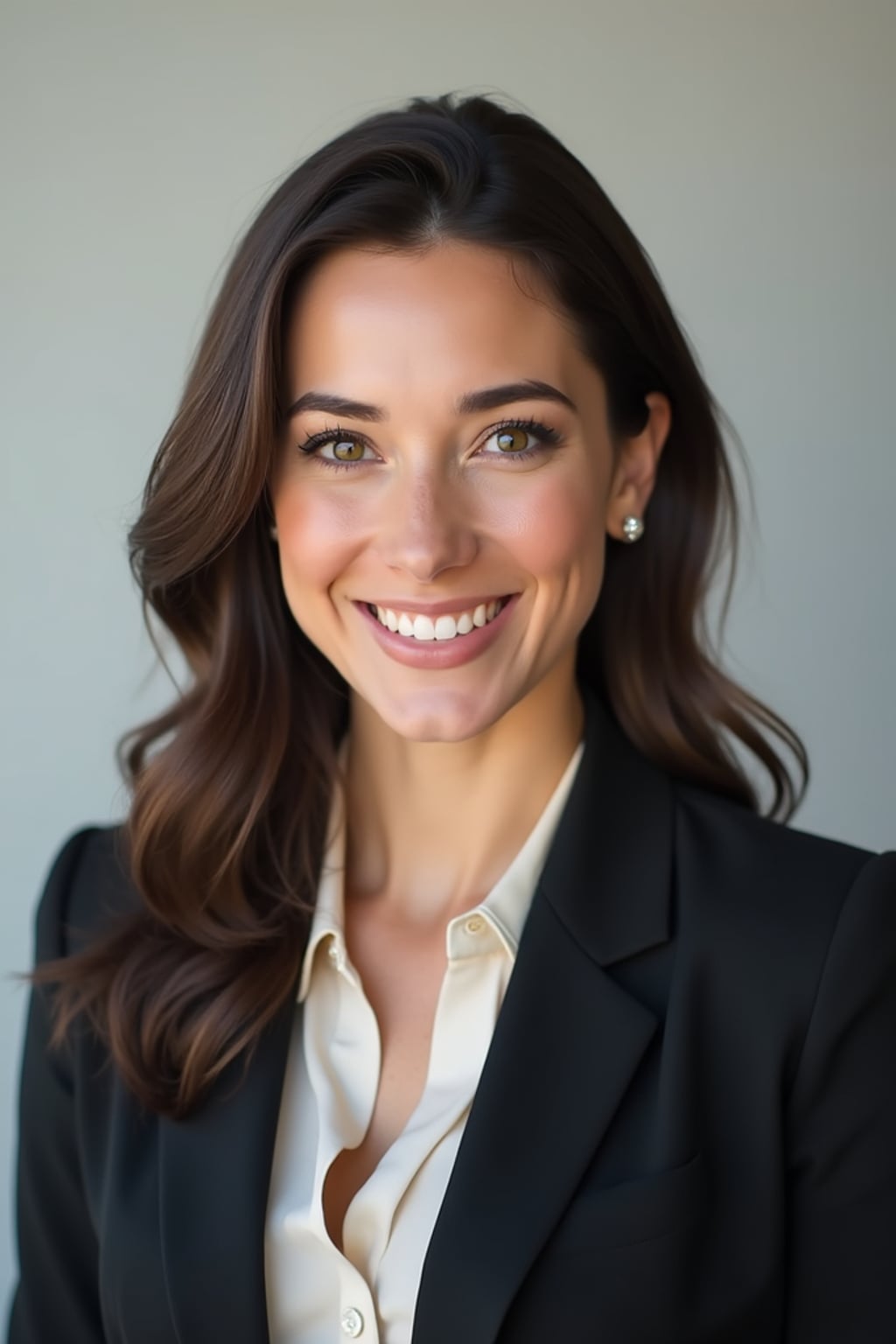 A professional lawyer headshot of a confident woman, taken in a well-lit studio with a plain backdrop. The woman is dressed in a tailored blazer with a crisp blouse and a confident smile . The lighting is soft and even, highlighting their facial features with a professional and authoritative expression. The focus is sharp, capturing the woman's eyes and engaging smile, creating a perfect headshot for law firm profiles and professional branding.