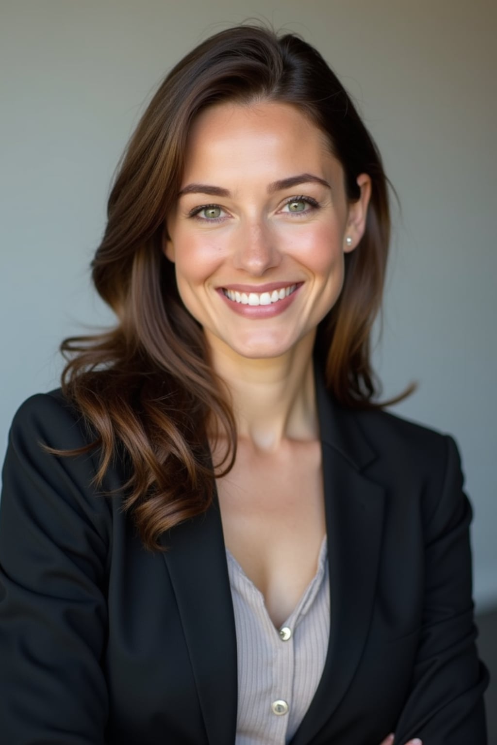 A professional lawyer headshot of a confident woman, taken in a well-lit studio with a plain backdrop. The woman is dressed in a tailored blazer with a crisp blouse and a confident smile . The lighting is soft and even, highlighting their facial features with a professional and authoritative expression. The focus is sharp, capturing the woman's eyes and engaging smile, creating a perfect headshot for law firm profiles and professional branding.