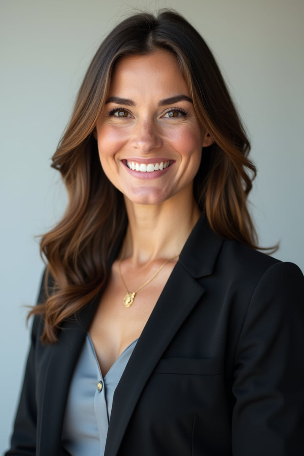 A professional lawyer headshot of a confident woman, taken in a well-lit studio with a plain backdrop. The woman is dressed in a tailored blazer with a crisp blouse and a confident smile . The lighting is soft and even, highlighting their facial features with a professional and authoritative expression. The focus is sharp, capturing the woman's eyes and engaging smile, creating a perfect headshot for law firm profiles and professional branding.