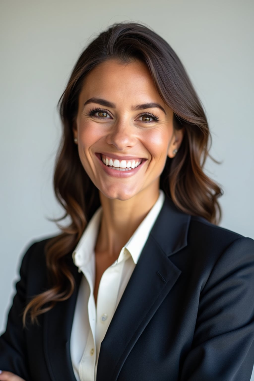 A professional lawyer headshot of a confident woman, taken in a well-lit studio with a plain backdrop. The woman is dressed in a tailored blazer with a crisp blouse and a confident smile . The lighting is soft and even, highlighting their facial features with a professional and authoritative expression. The focus is sharp, capturing the woman's eyes and engaging smile, creating a perfect headshot for law firm profiles and professional branding.