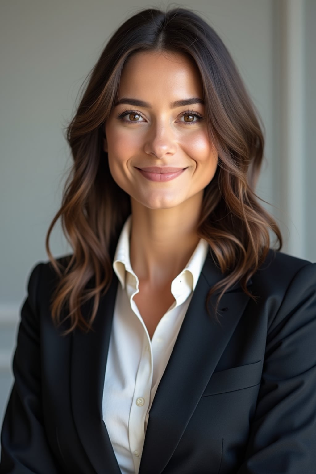A professional lawyer headshot of a confident woman, taken in a well-lit studio with a plain backdrop. The woman is dressed in a tailored blazer with a crisp blouse and a confident smile . The lighting is soft and even, highlighting their facial features with a professional and authoritative expression. The focus is sharp, capturing the woman's eyes and engaging smile, creating a perfect headshot for law firm profiles and professional branding.