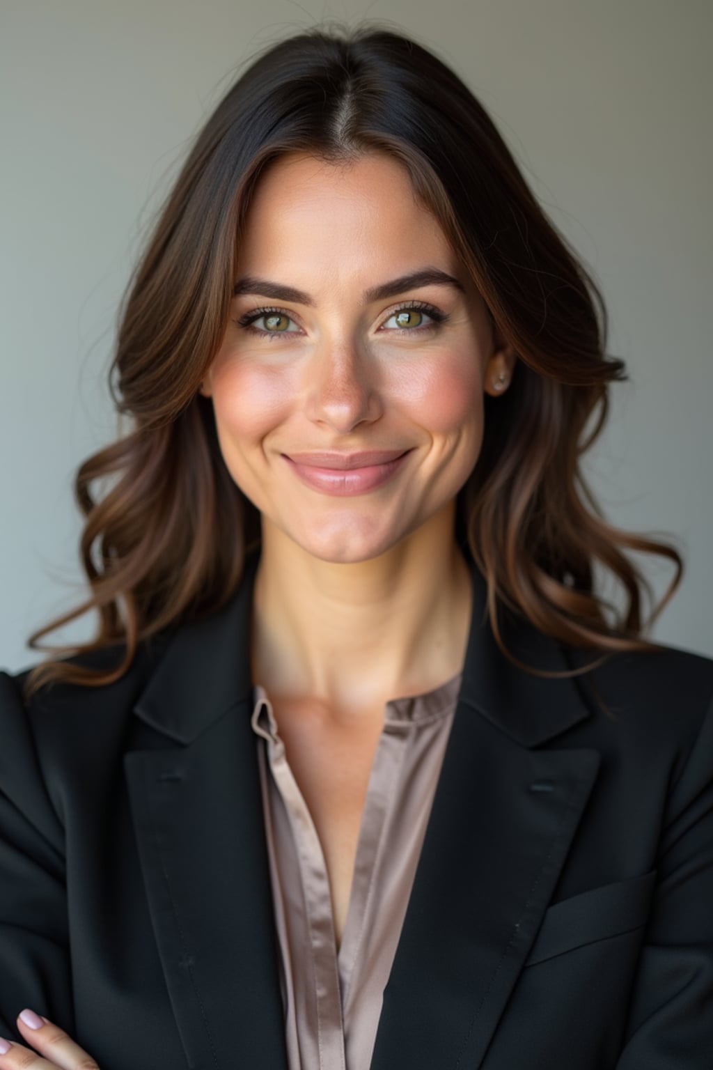 A professional lawyer headshot of a confident woman, taken in a well-lit studio with a plain backdrop. The woman is dressed in a tailored blazer with a crisp blouse and a confident smile . The lighting is soft and even, highlighting their facial features with a professional and authoritative expression. The focus is sharp, capturing the woman's eyes and engaging smile, creating a perfect headshot for law firm profiles and professional branding.