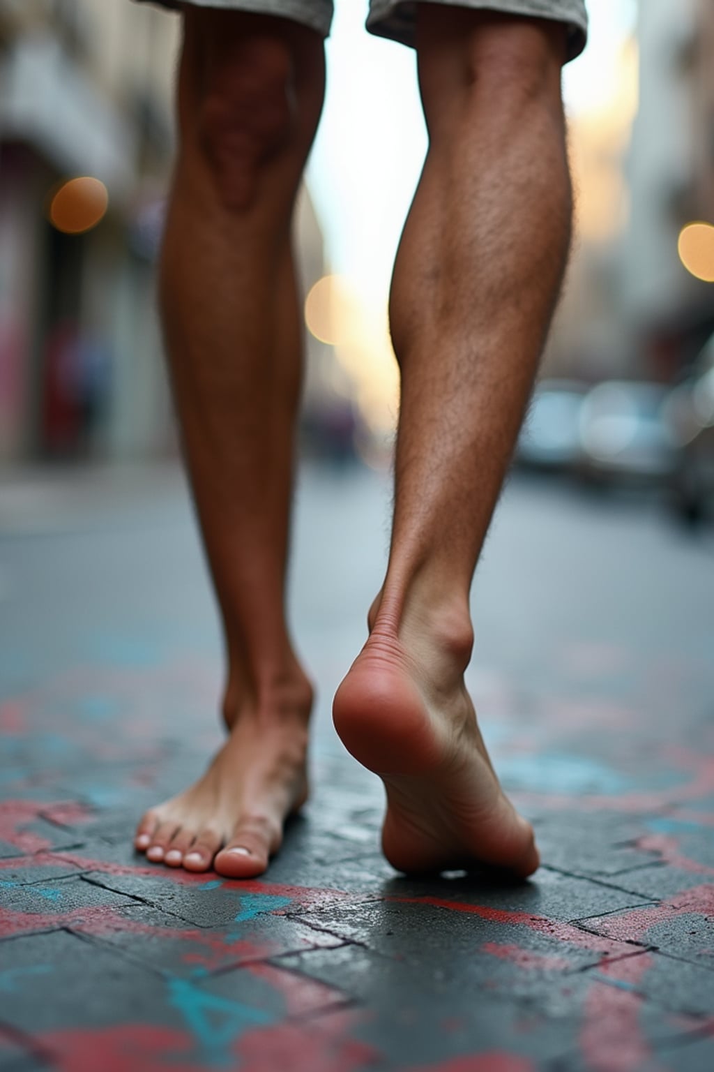Model's bare feet, walking on a graffiti-covered urban street, capturing the essence of city life, also showing the bottom of feet.