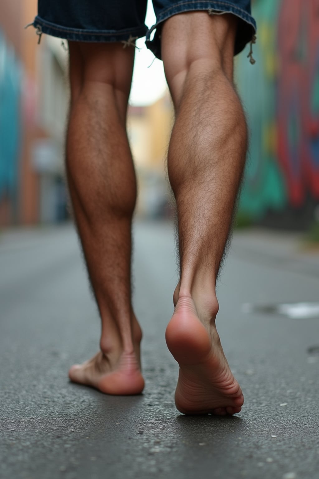 Model's bare feet, walking on a graffiti-covered urban street, capturing the essence of city life, also showing the bottom of feet.