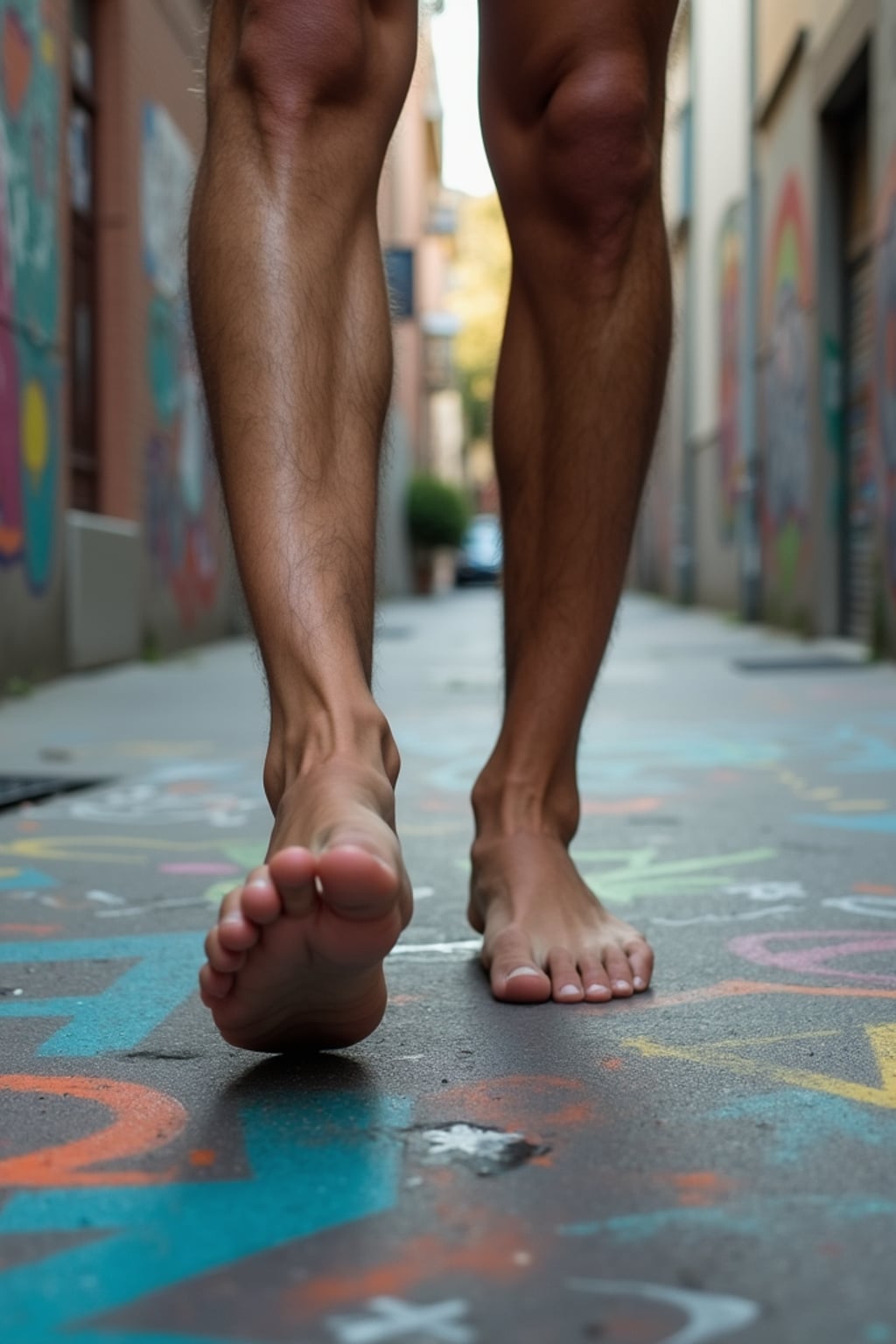 Model's bare feet, walking on a graffiti-covered urban street, capturing the essence of city life, also showing the bottom of feet.
