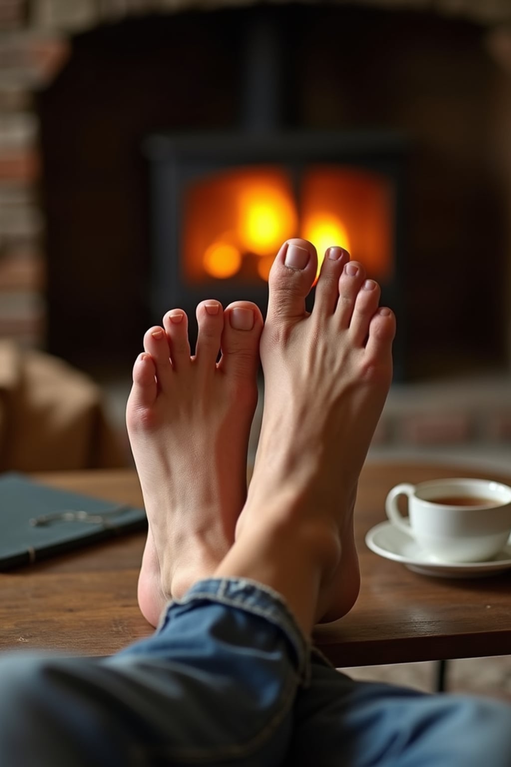 Model's bare feet, propped up on a coffee table, with a fireplace and a warm cup of tea in the background, also showing the bottom of feet.