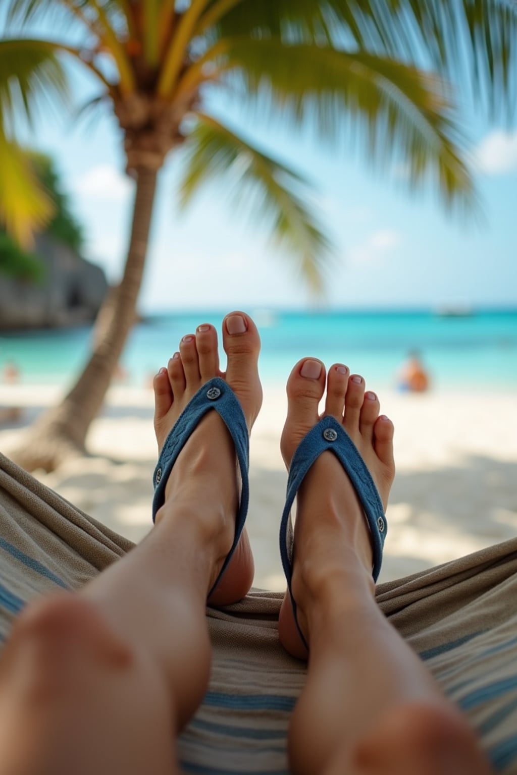 Model's feet in flip-flops, casually resting on a hammock, with a tropical beach and palm trees in the background, also showing the bottom of feet.