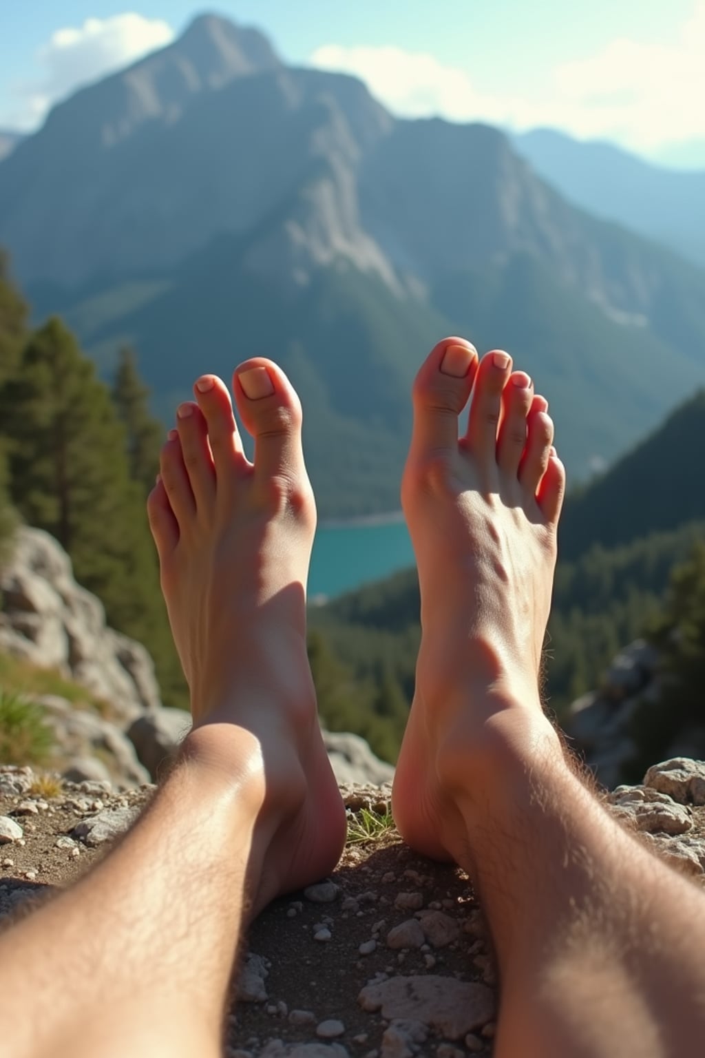bottom of Model's bare feet, standing on a rocky trail with a breathtaking mountain view in the background, also showing the bottom of feet.
