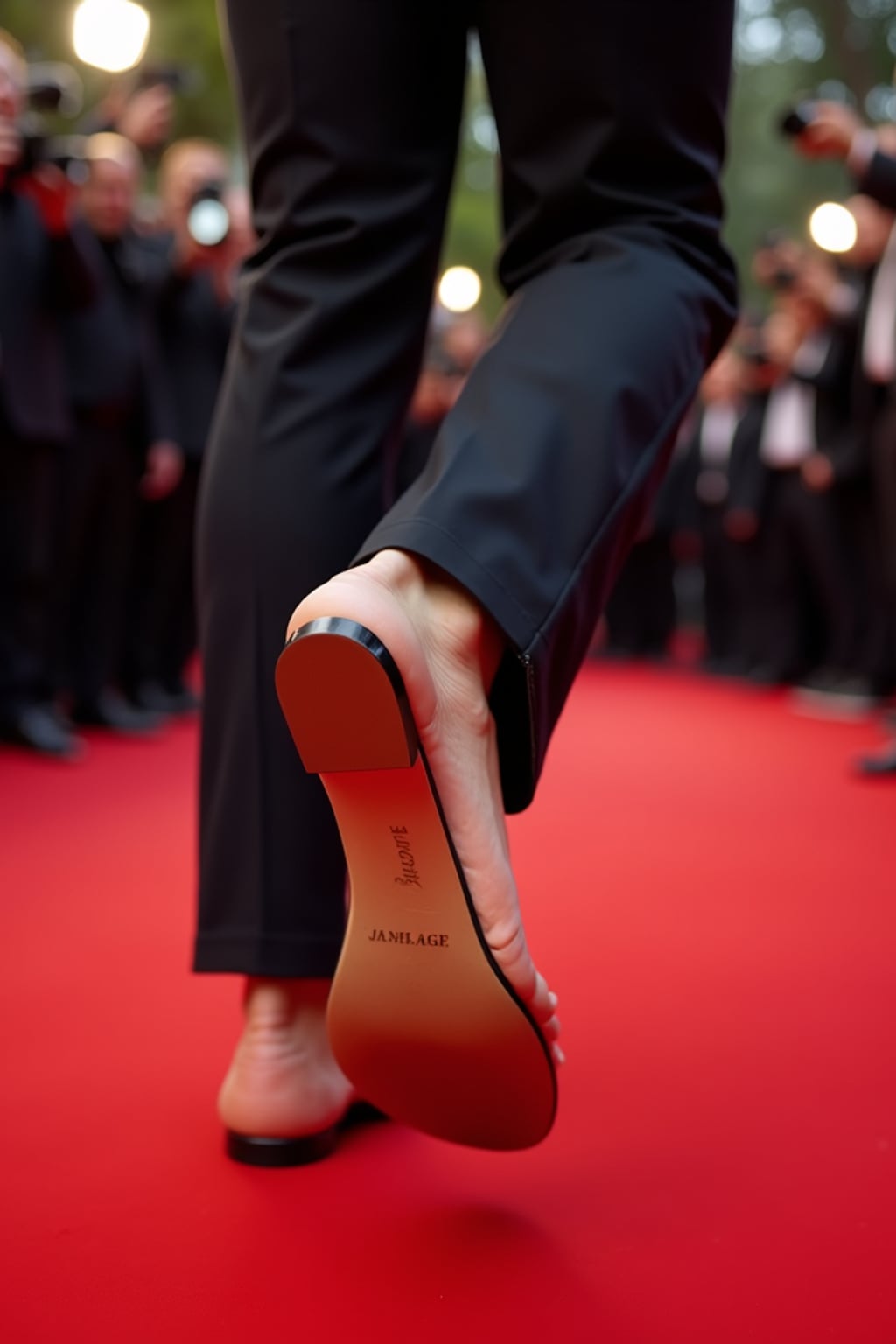 Model's feet in minimalist high heels, stepping confidently on a red carpet, with paparazzi flashes capturing the moment, also showing the bottom of feet.