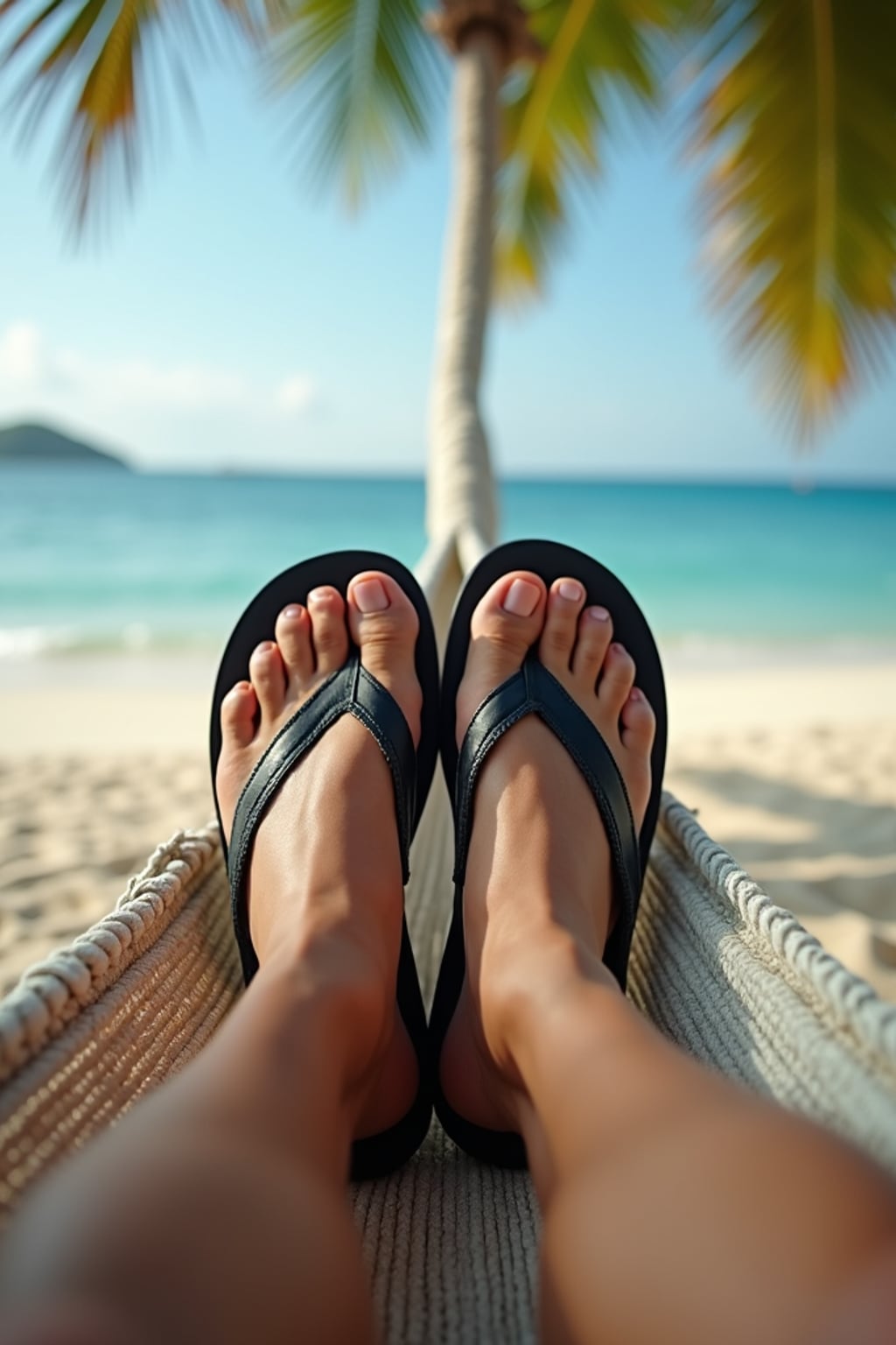 Model's feet in flip-flops, casually resting on a hammock, with a tropical beach and palm trees in the background, also showing the bottom of feet.
