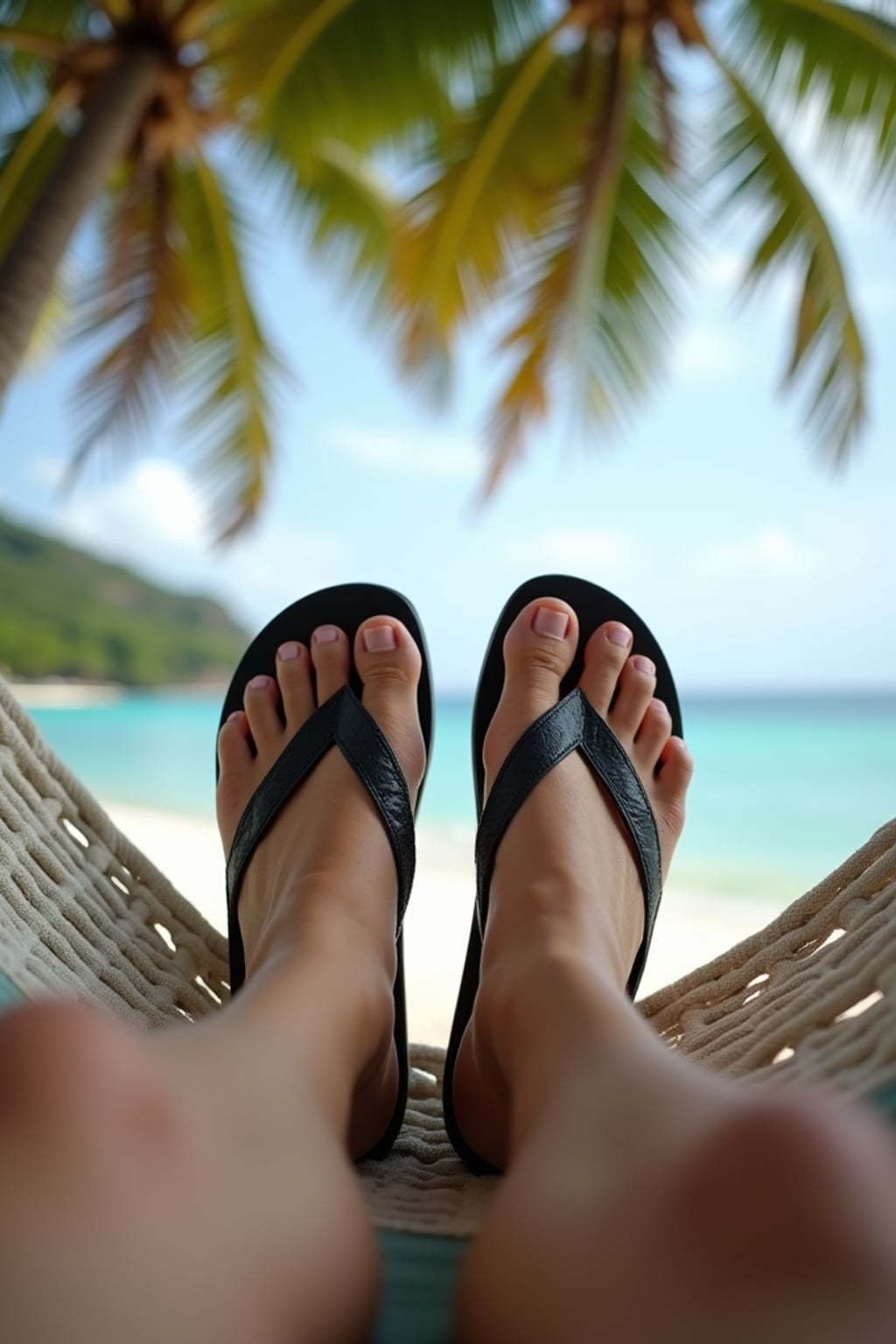 Model's feet in flip-flops, casually resting on a hammock, with a tropical beach and palm trees in the background, also showing the bottom of feet.