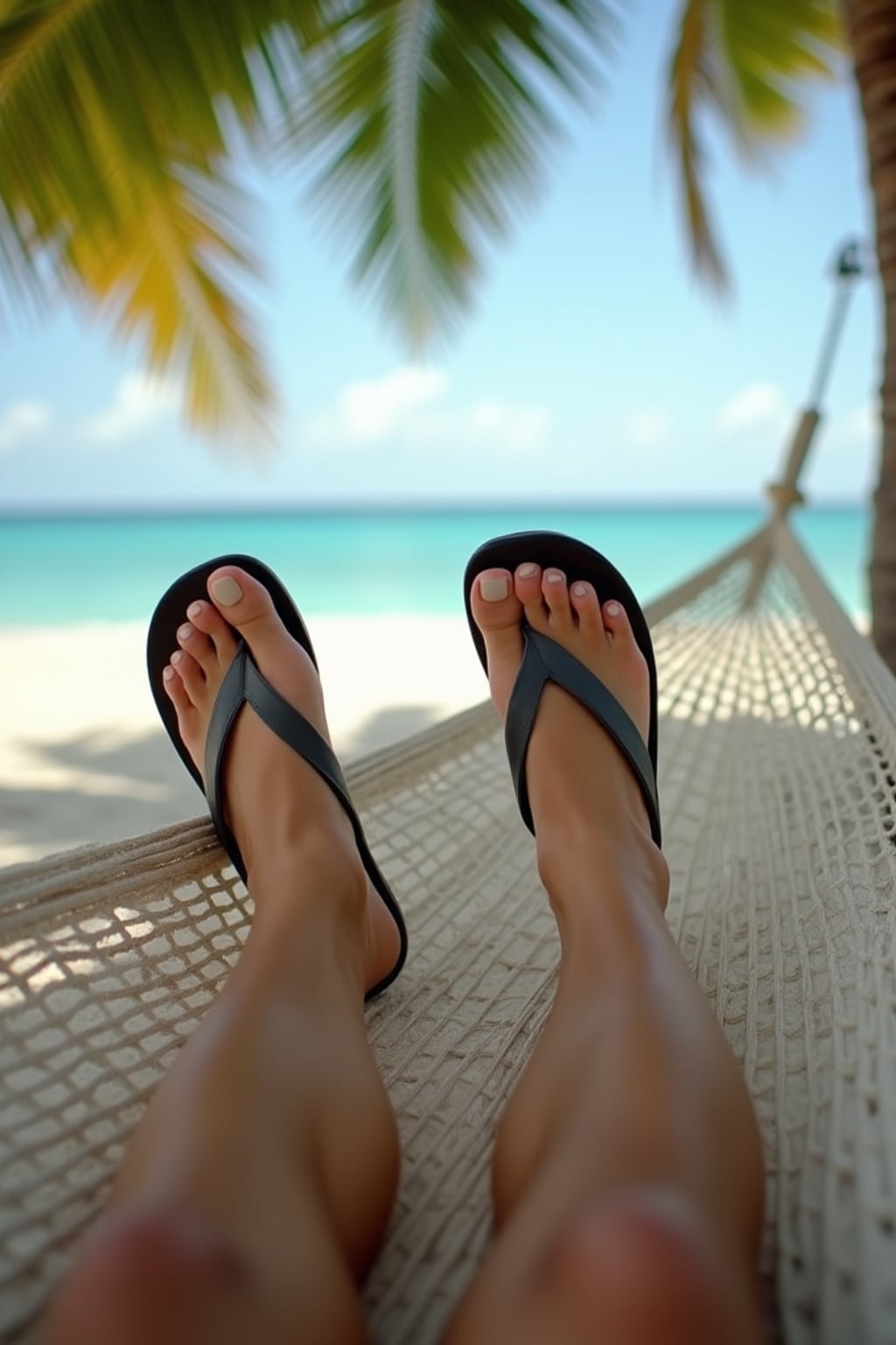 Model's feet in flip-flops, casually resting on a hammock, with a tropical beach and palm trees in the background, also showing the bottom of feet.