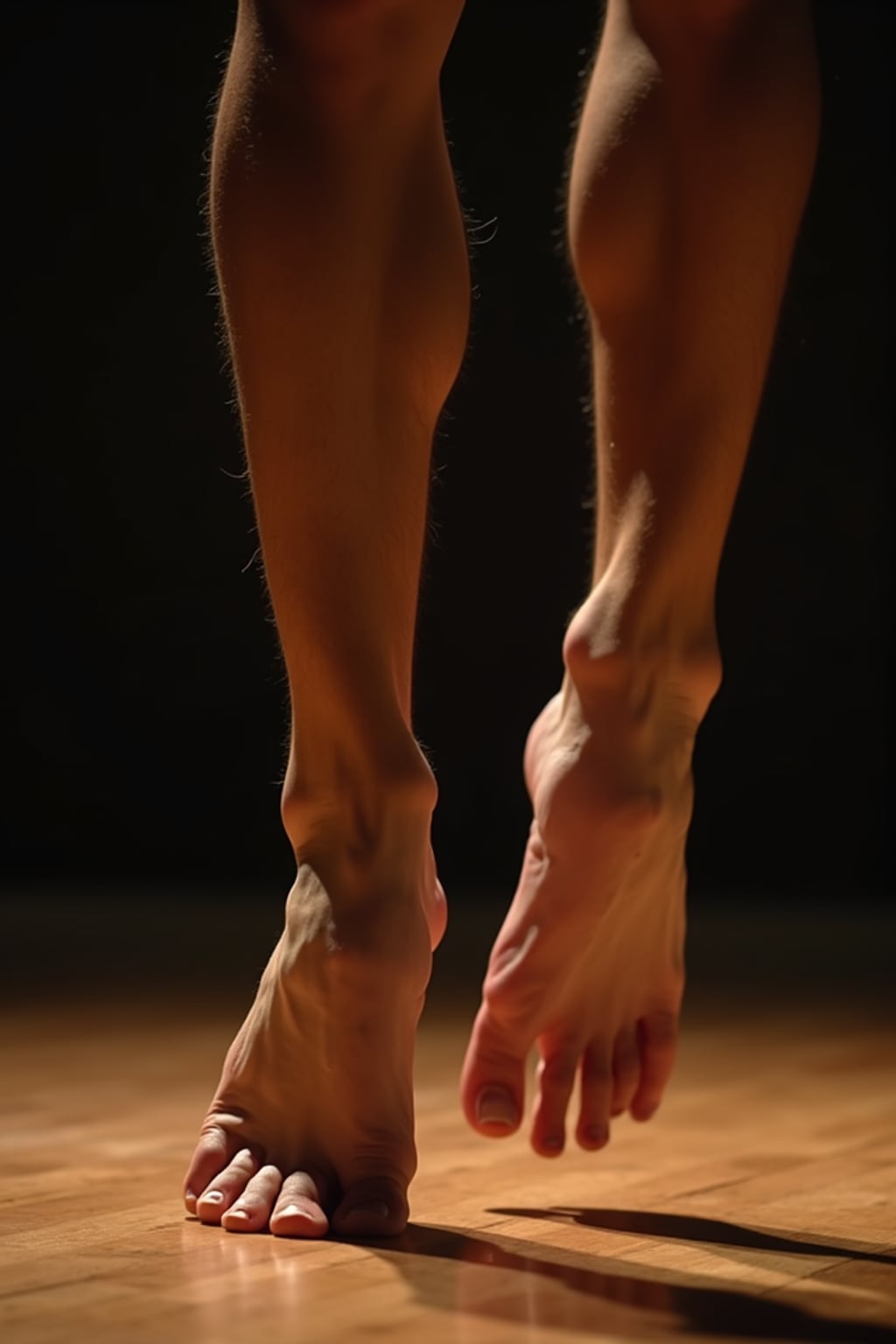 bottom of Model's bare feet, captured mid-dance on a wooden stage, with dramatic lighting highlighting the movement, also showing the bottom of feet.