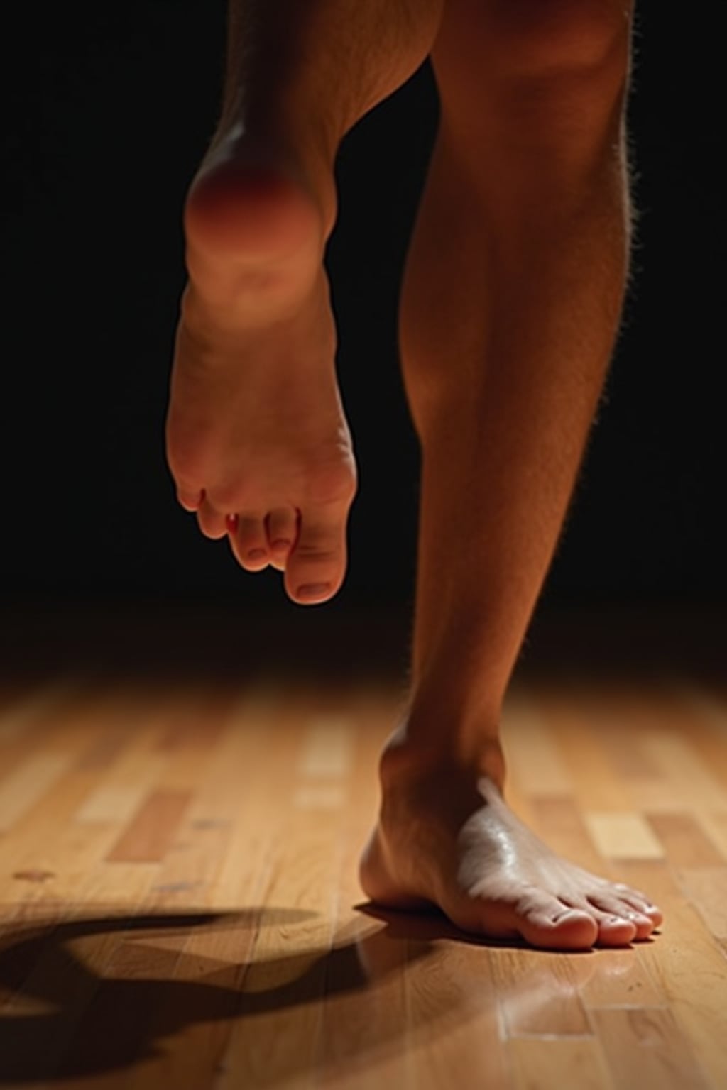 bottom of Model's bare feet, captured mid-dance on a wooden stage, with dramatic lighting highlighting the movement, also showing the bottom of feet.
