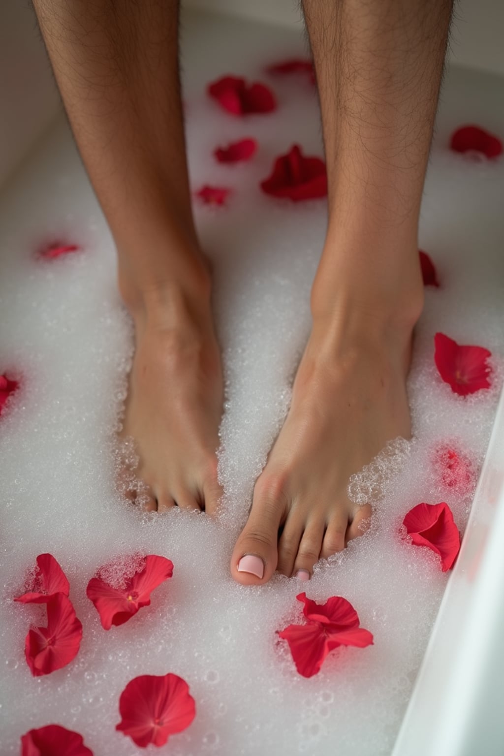 Model's feet submerged in a bubble bath, with rose petals floating on the water surface, creating a luxurious and relaxing scene, also showing the bottom of feet.