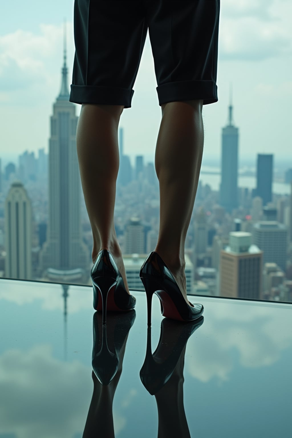Model's feet in high heels, standing on a glass floor with a view of the city skyline below, creating a dramatic and stylish scene, also showing the bottom of feet.