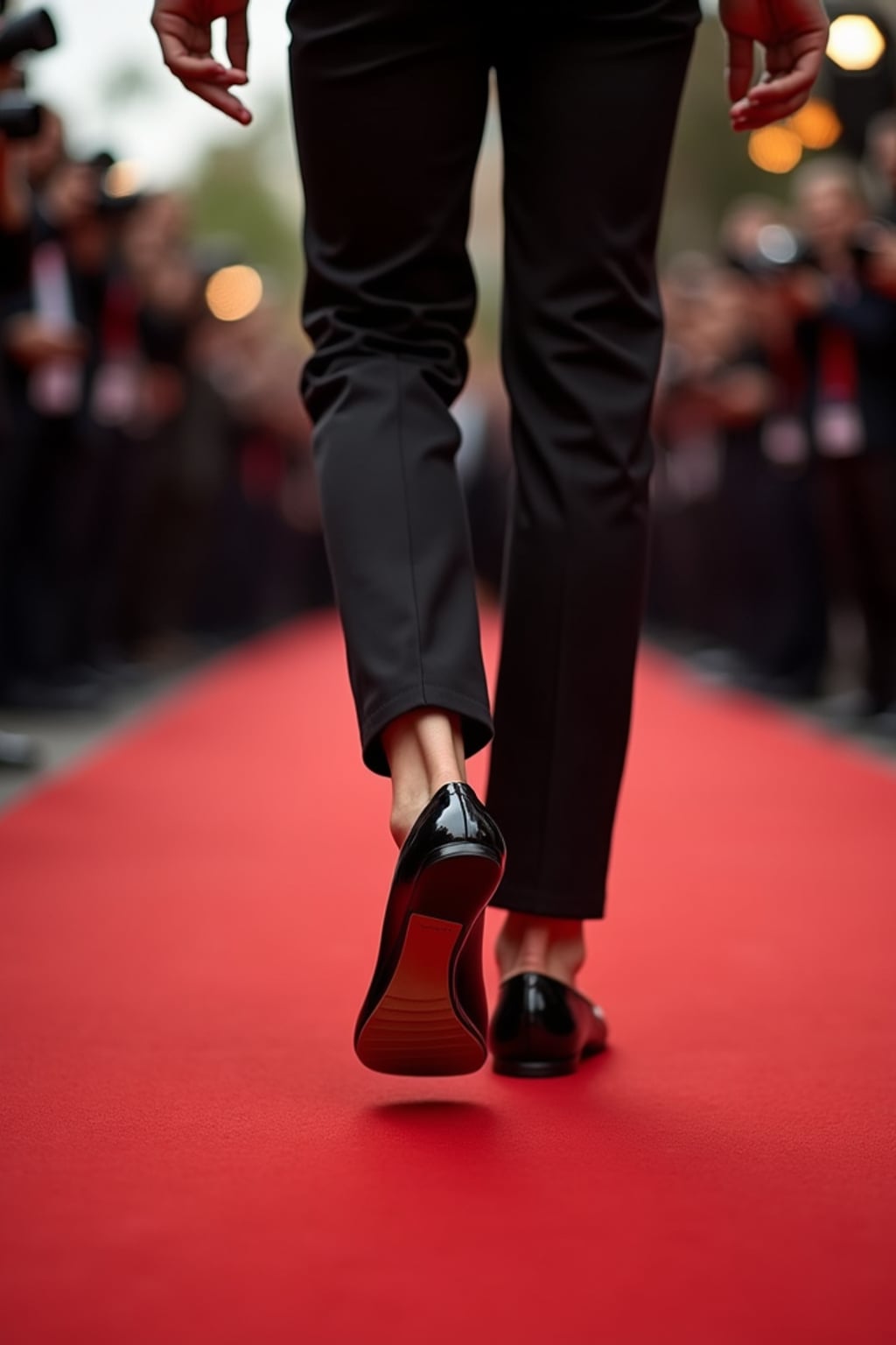 Model's feet in minimalist high heels, stepping confidently on a red carpet, with paparazzi flashes capturing the moment, also showing the bottom of feet.