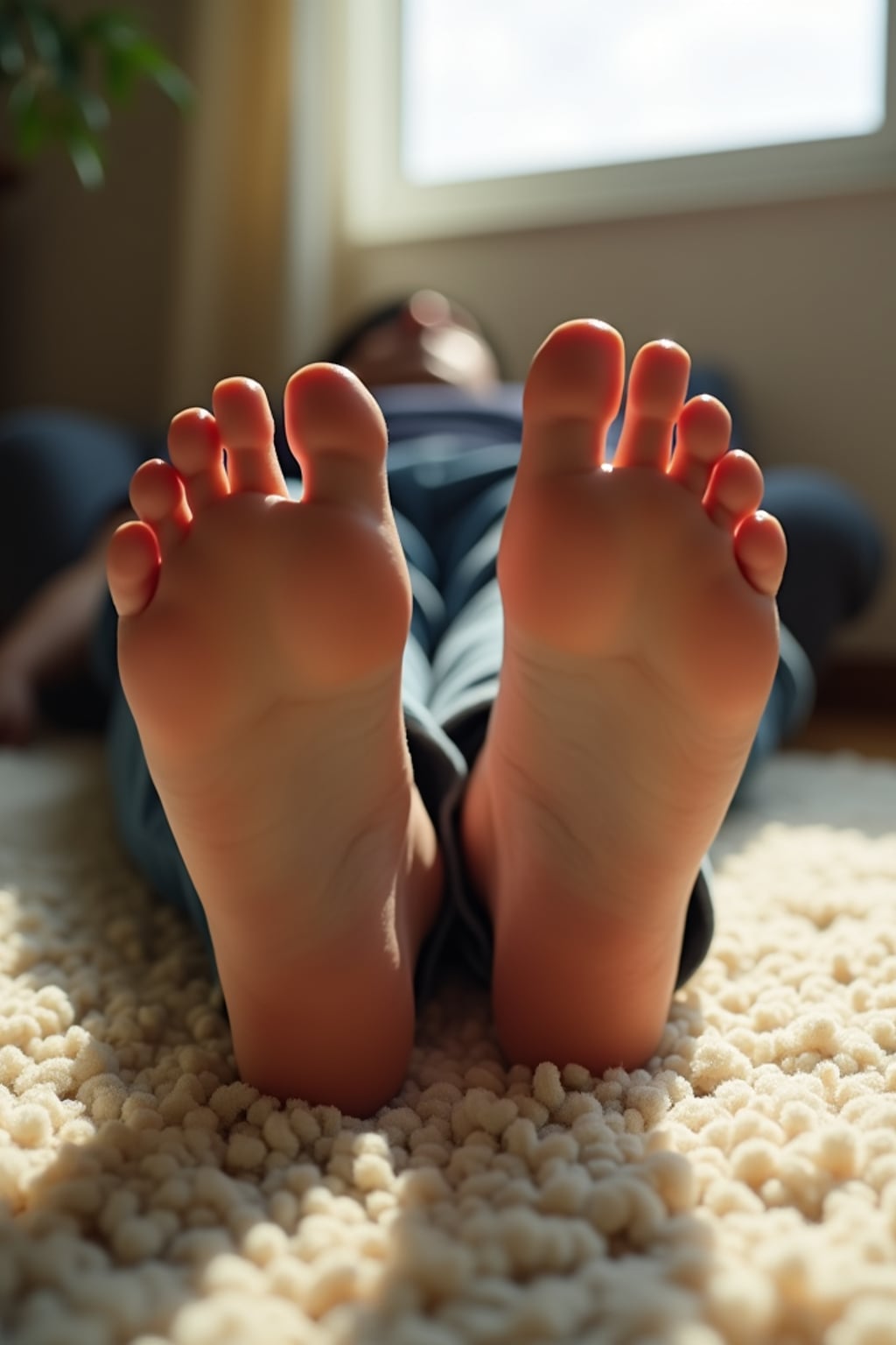 Close-up of man's feet resting on a plush carpet, also showing the bottom of feet, with soft natural light streaming through a nearby window, creating a warm and inviting atmosphere.