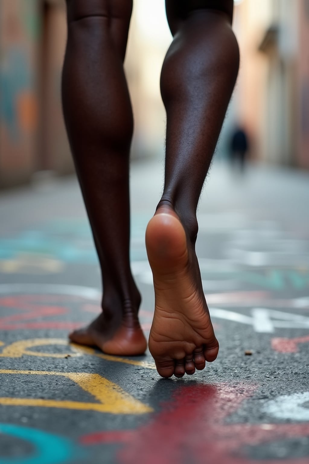 Model's bare feet, walking on a graffiti-covered urban street, capturing the essence of city life, also showing the bottom of feet.